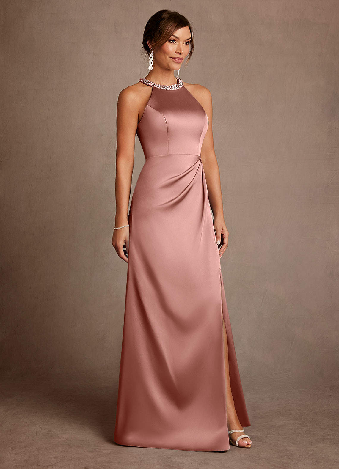 Azazie Lawrence Mother of the Bride Dresses Rosette A-Line Pleated Stretch Satin Dress image3