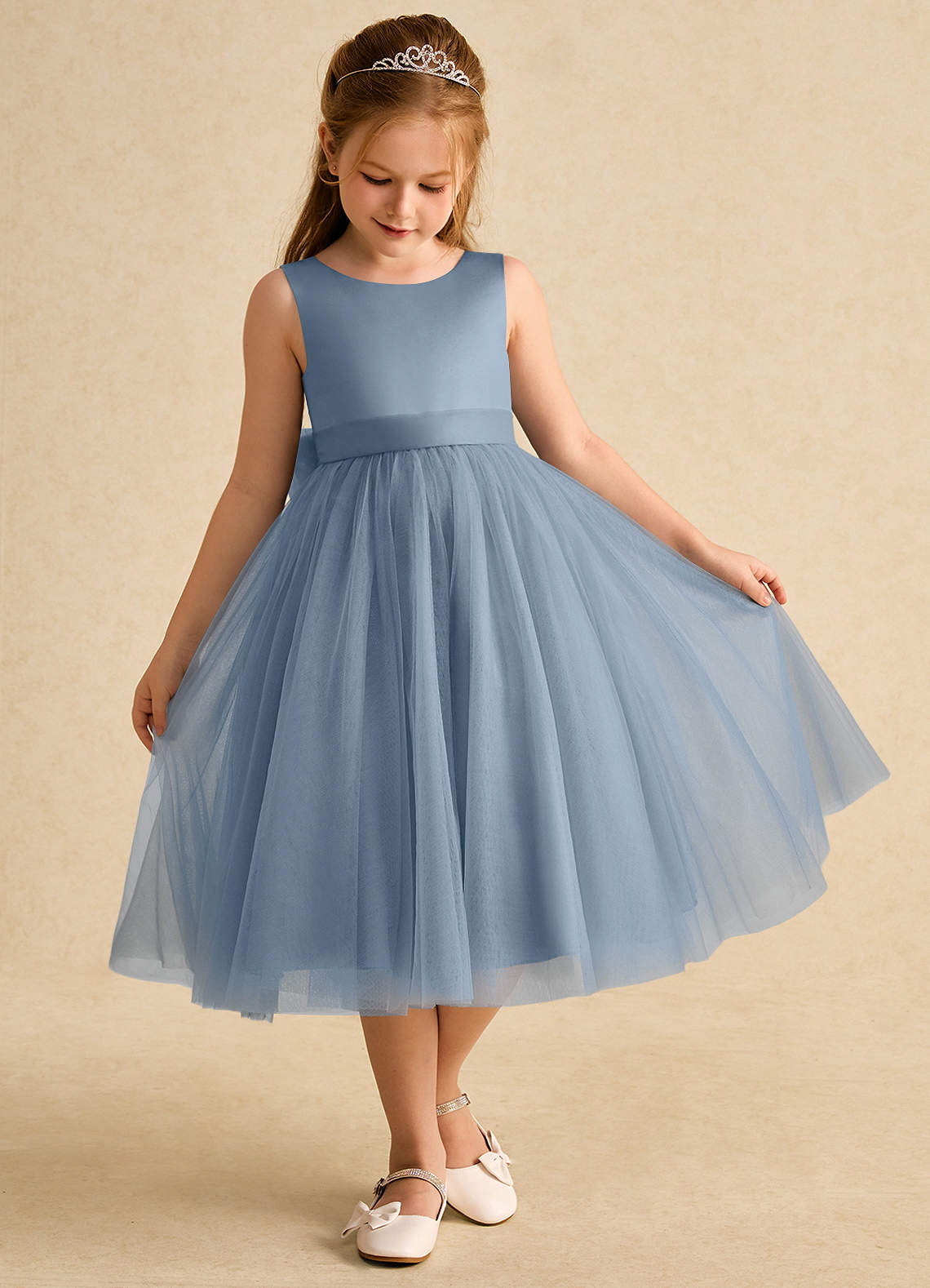 Azazie Winnie Abiti da Ragazza di Fiori Abito Principessa in Tulle Fiocco Blu Polveroso image1