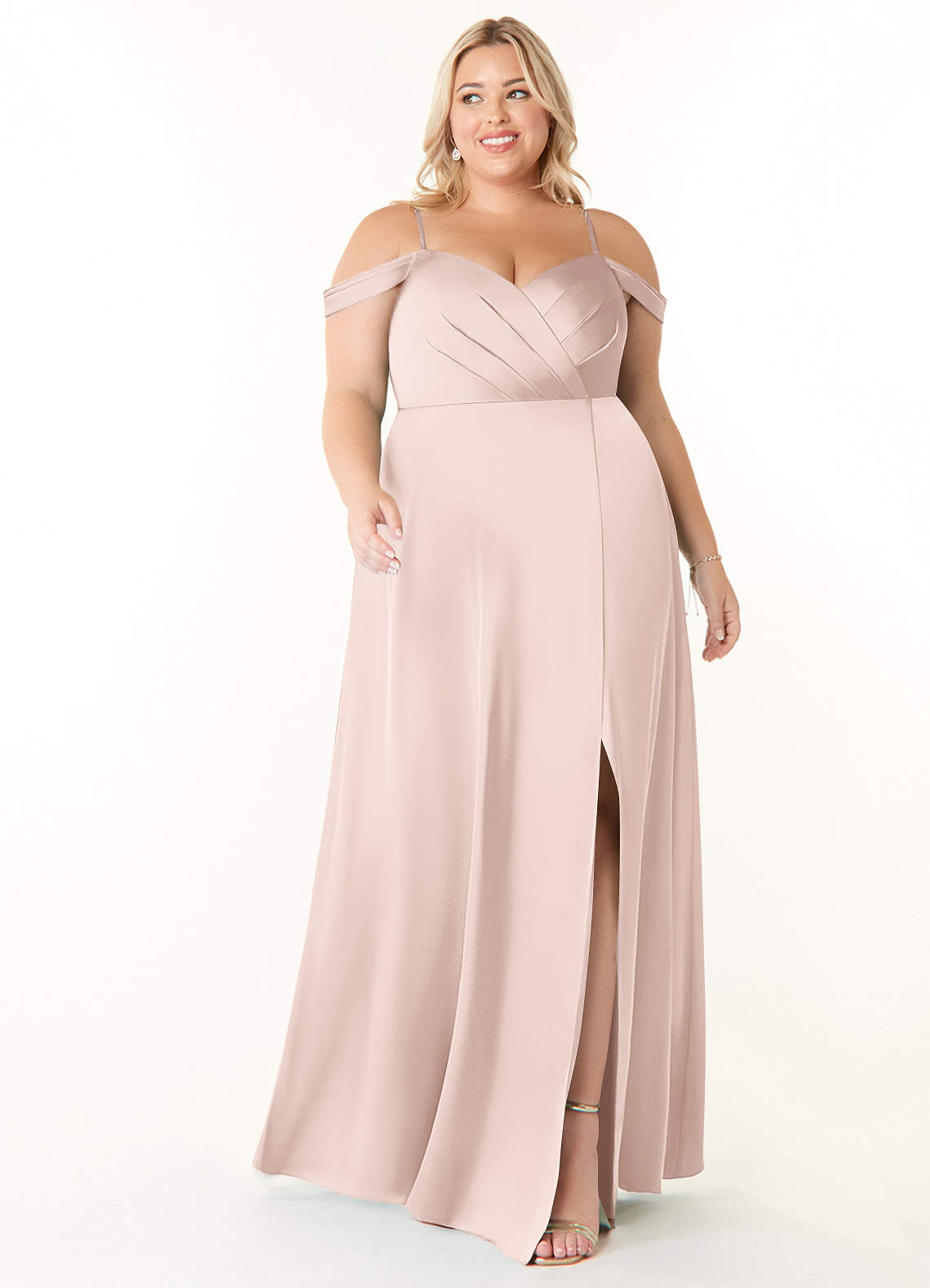 Azazie Ocean Brautjungfernkleider A-Linie V-Hals Gefaltet Stretch-Satin Kleid Zartrosa image1