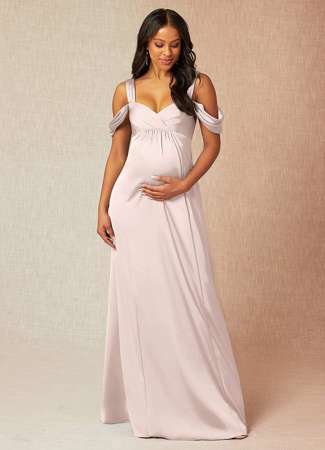 Azazie Rhea Maternity Bridesmaid Dresses A-Line Off-The-Shouler Pleated Stretch Satin Floor-Length Dress image1