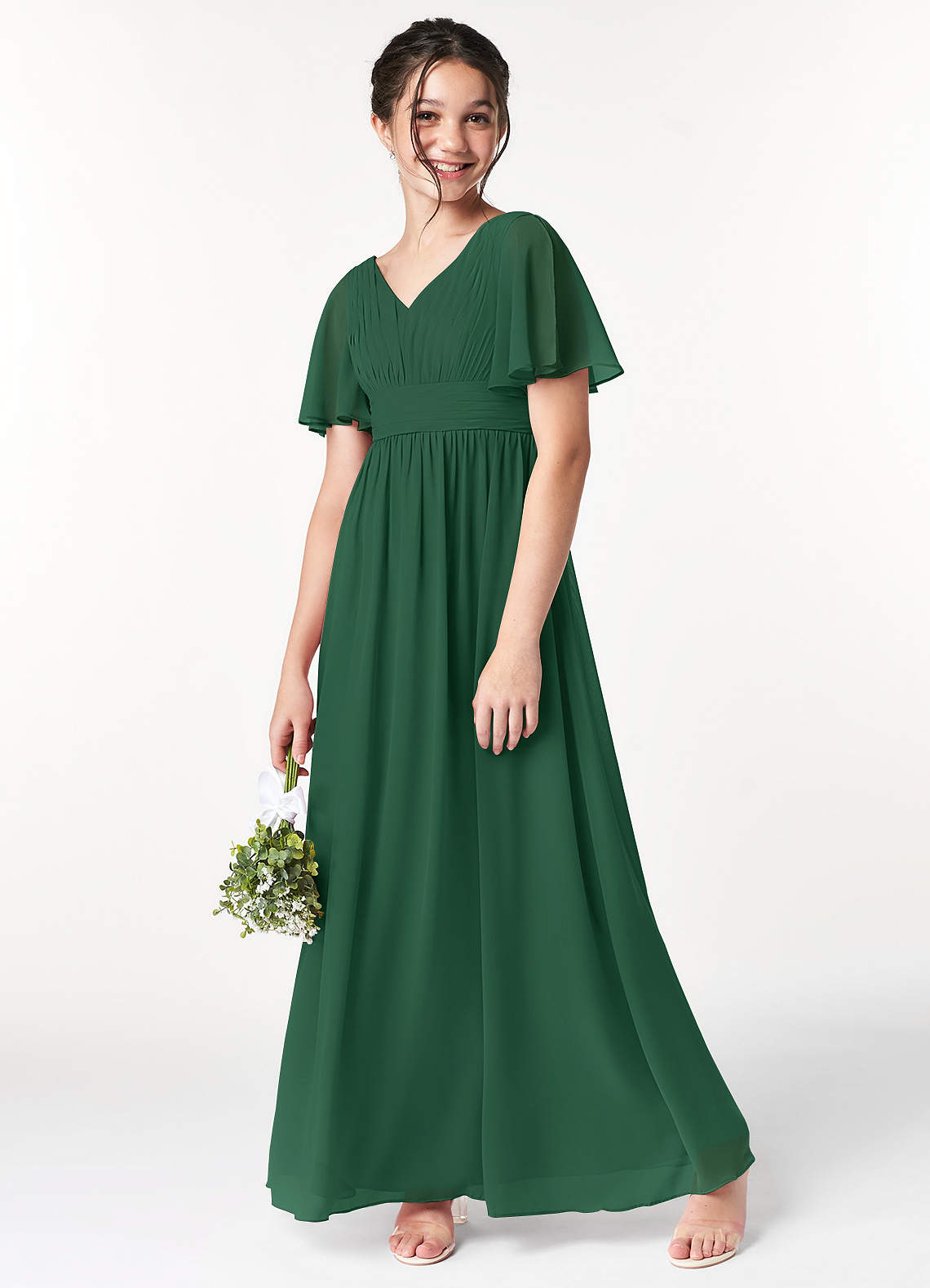 Azazie Temeka Junior Dark Green A-Line Pleated Chiffon Dress image1