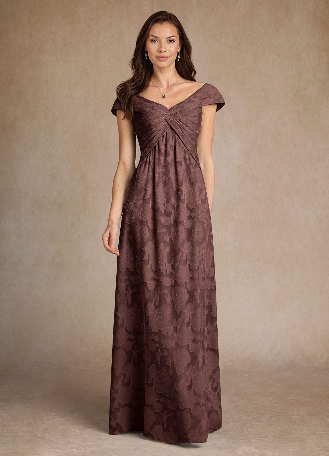 Azazie Myrtle Mother of the Bride Dresses Espresso A-Line Pleated Floral Burnout Dress image1