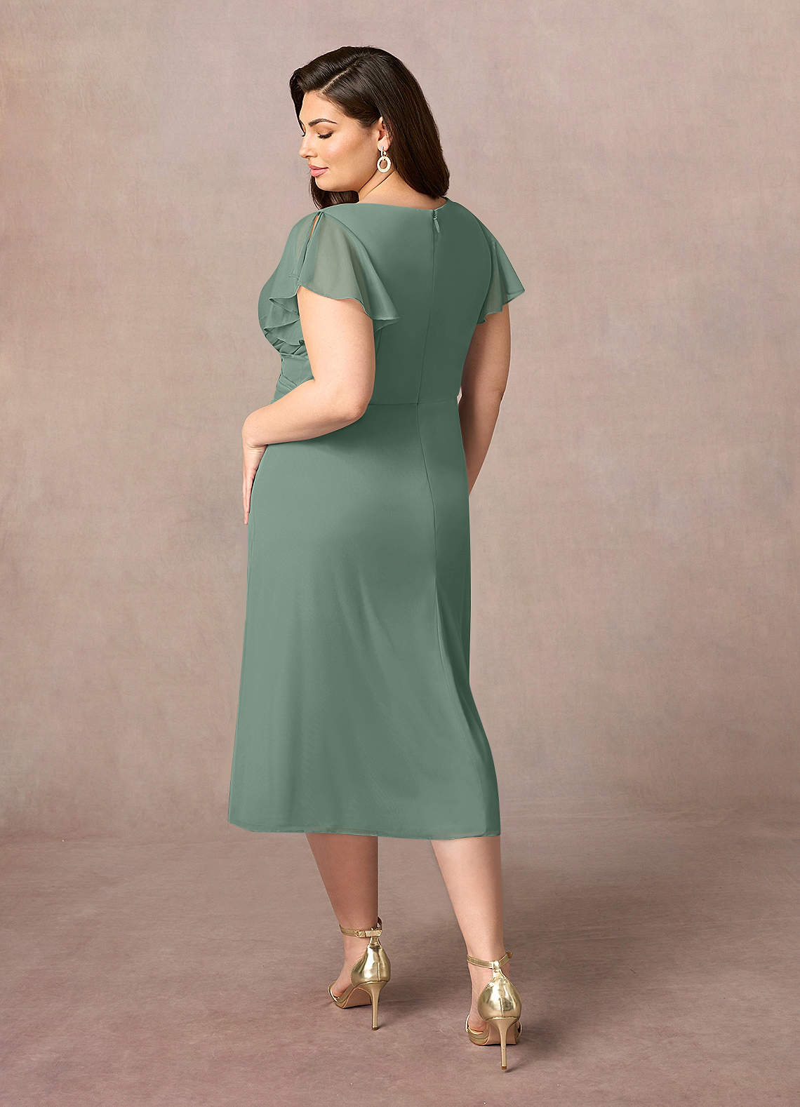 Azazie Vera Mother of the Bride Dresses Eucalyptus A-Line V-Neck Pleated Mesh Dress image7