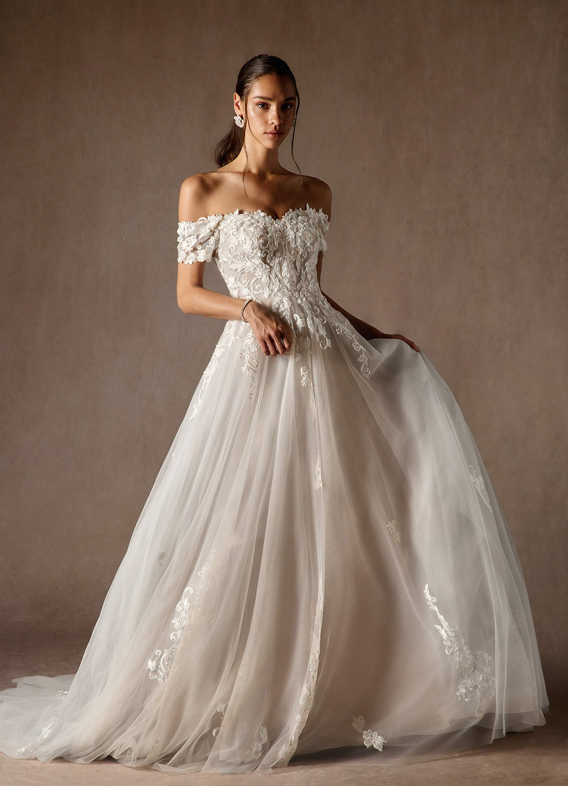 Azazie Rowe Wedding Dresses Diamond White Nude Ball-Gown Off the Shoulder Tulle Dress image9
