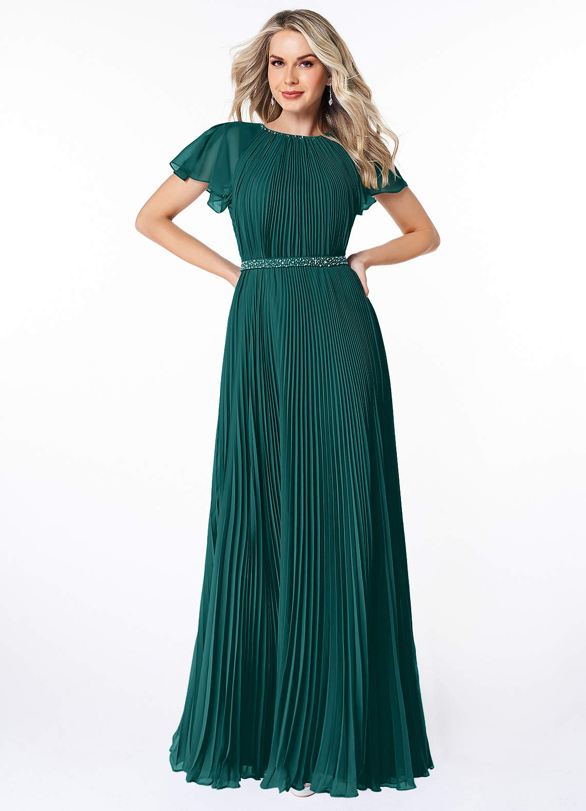 Azazie Kara Modest Bridesmaid Dresses A-Line Pleated Chiffon Floor-Length Dress image1
