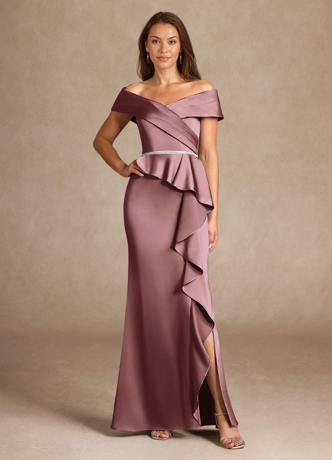 Azazie Dareia Mother of the Bride Dresses Vintage Mauve Mermaid Off the Shoulder Stretch Satin Dress image1