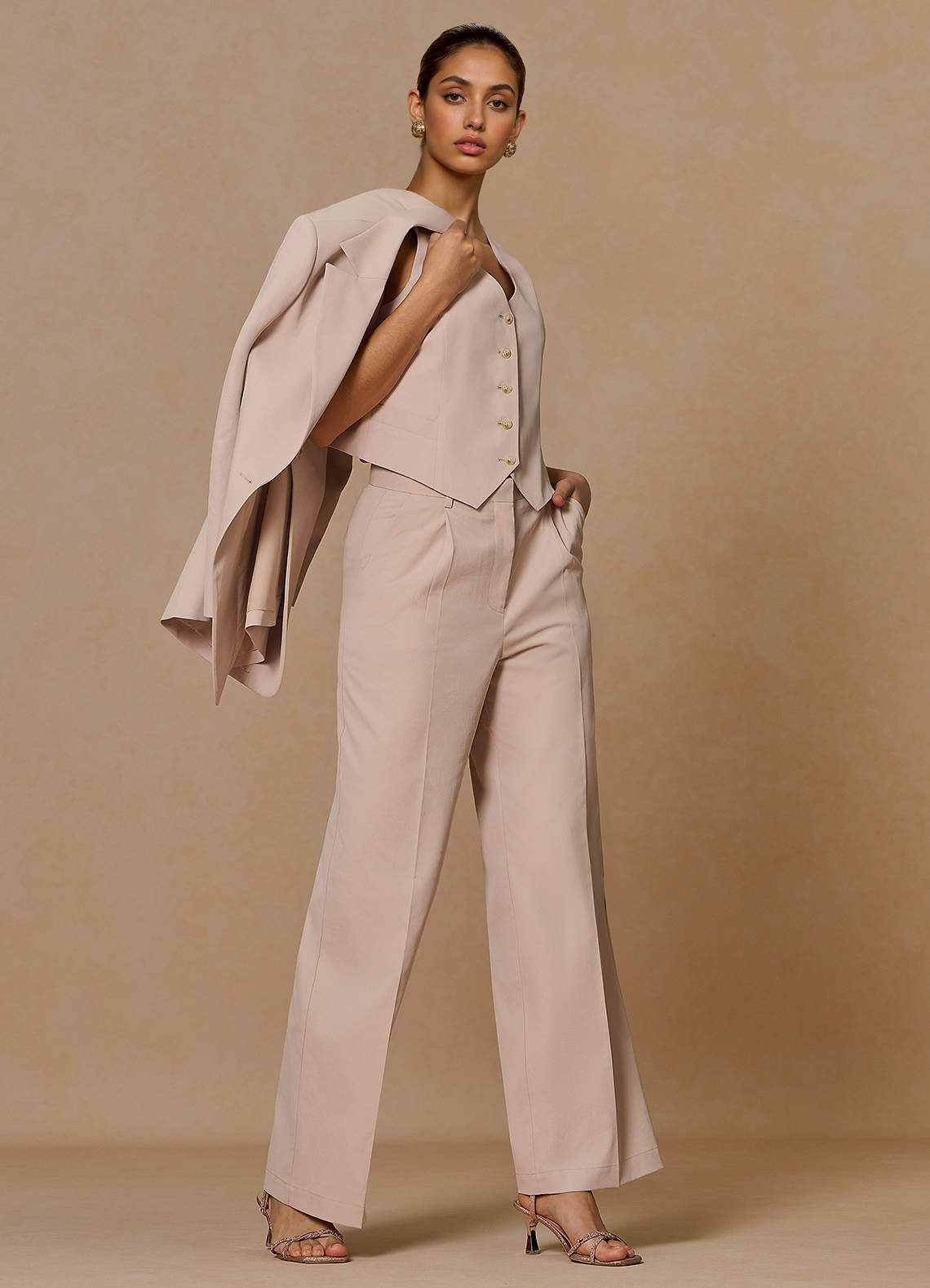 front Margaret Tan Cotton Linen Blend 2-Piece Suit