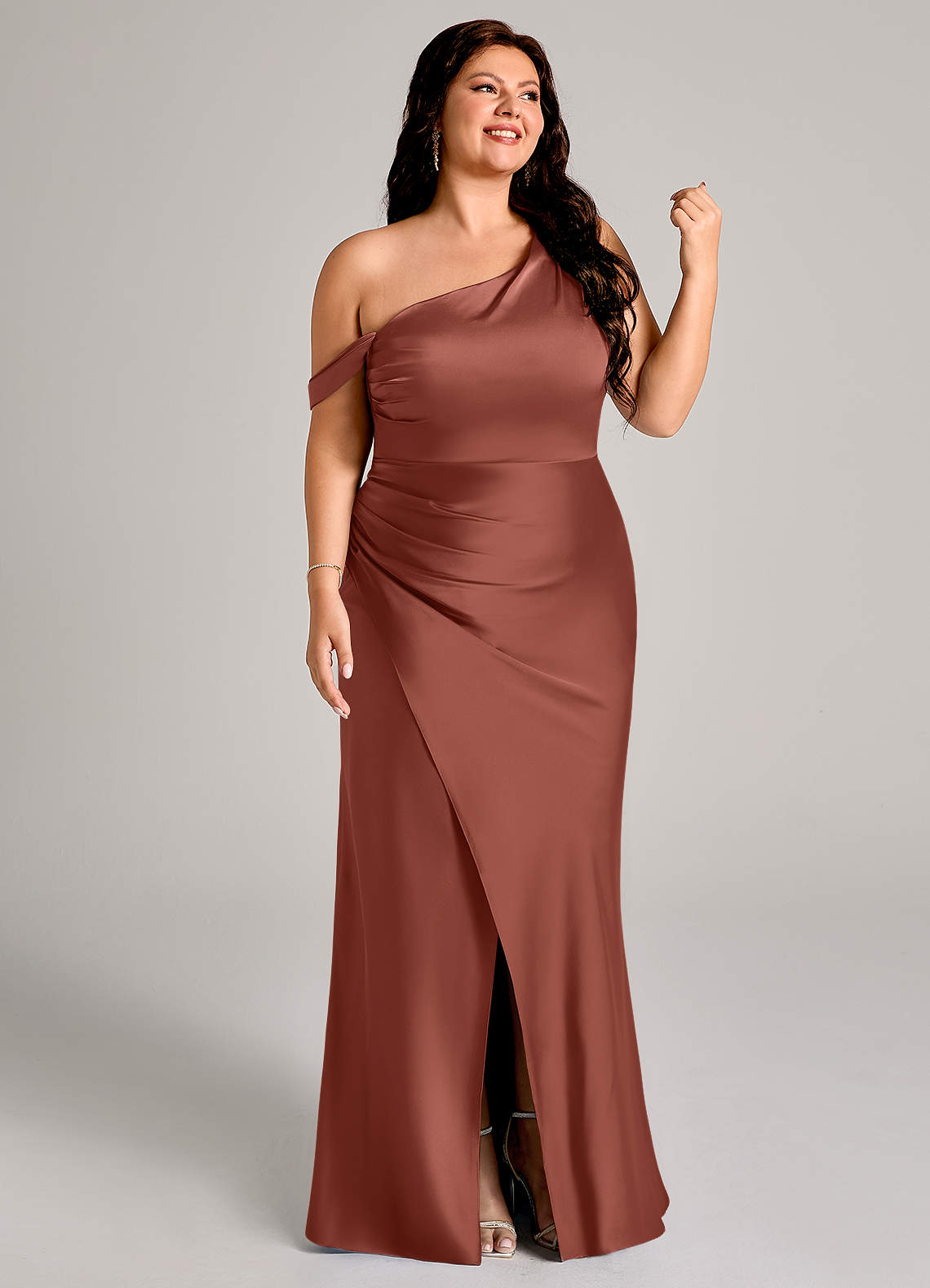 Azazie Madelyn Bridesmaid Dresses Auburn Mermaid One Shoulder Stretch Satin Convertible Dress image11