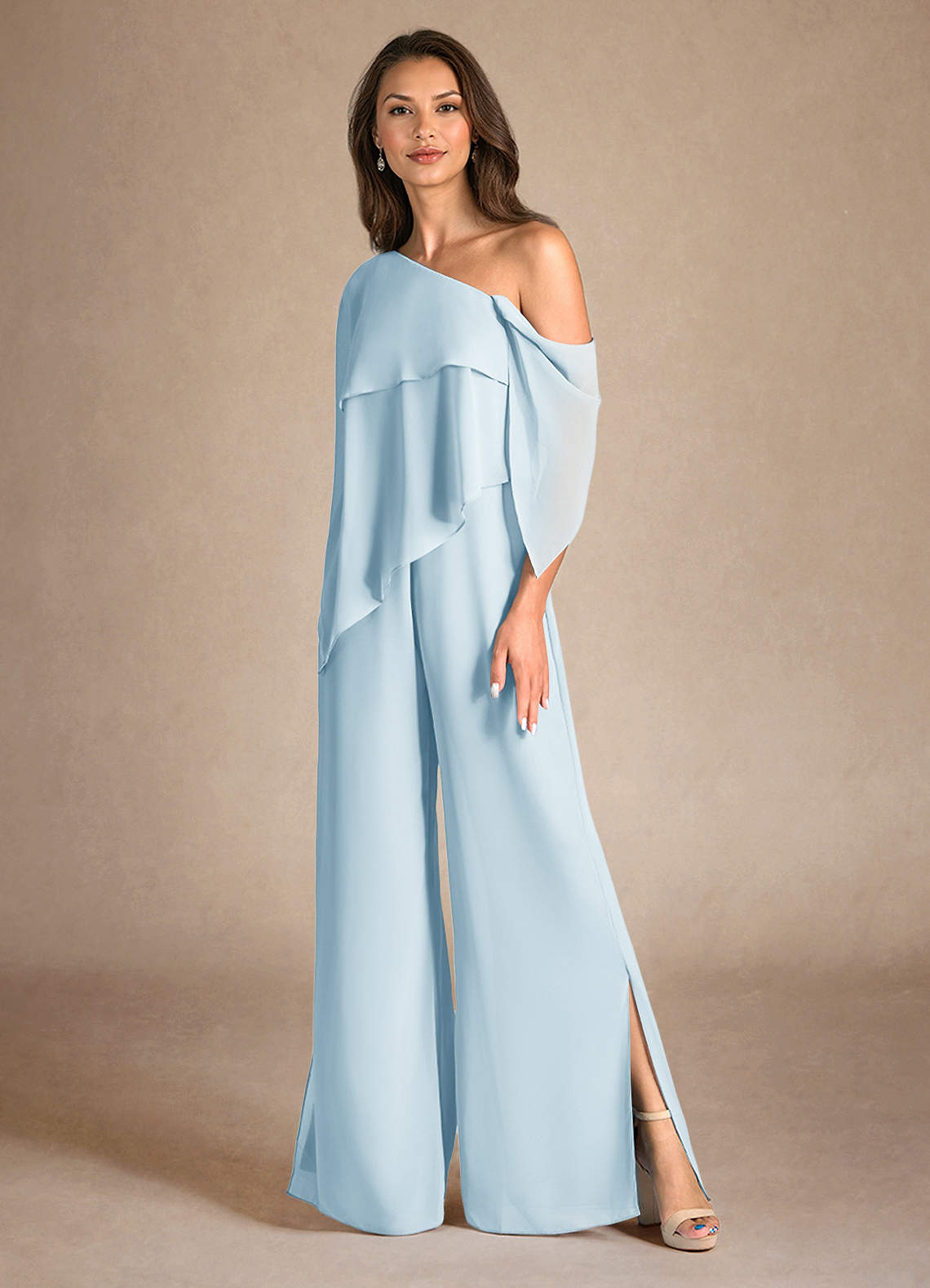 Azazie Halima Abiti per la Madre della Sposa Abito Tuta Pantaloni in Chiffon Spacco Laterale Azzurro image5