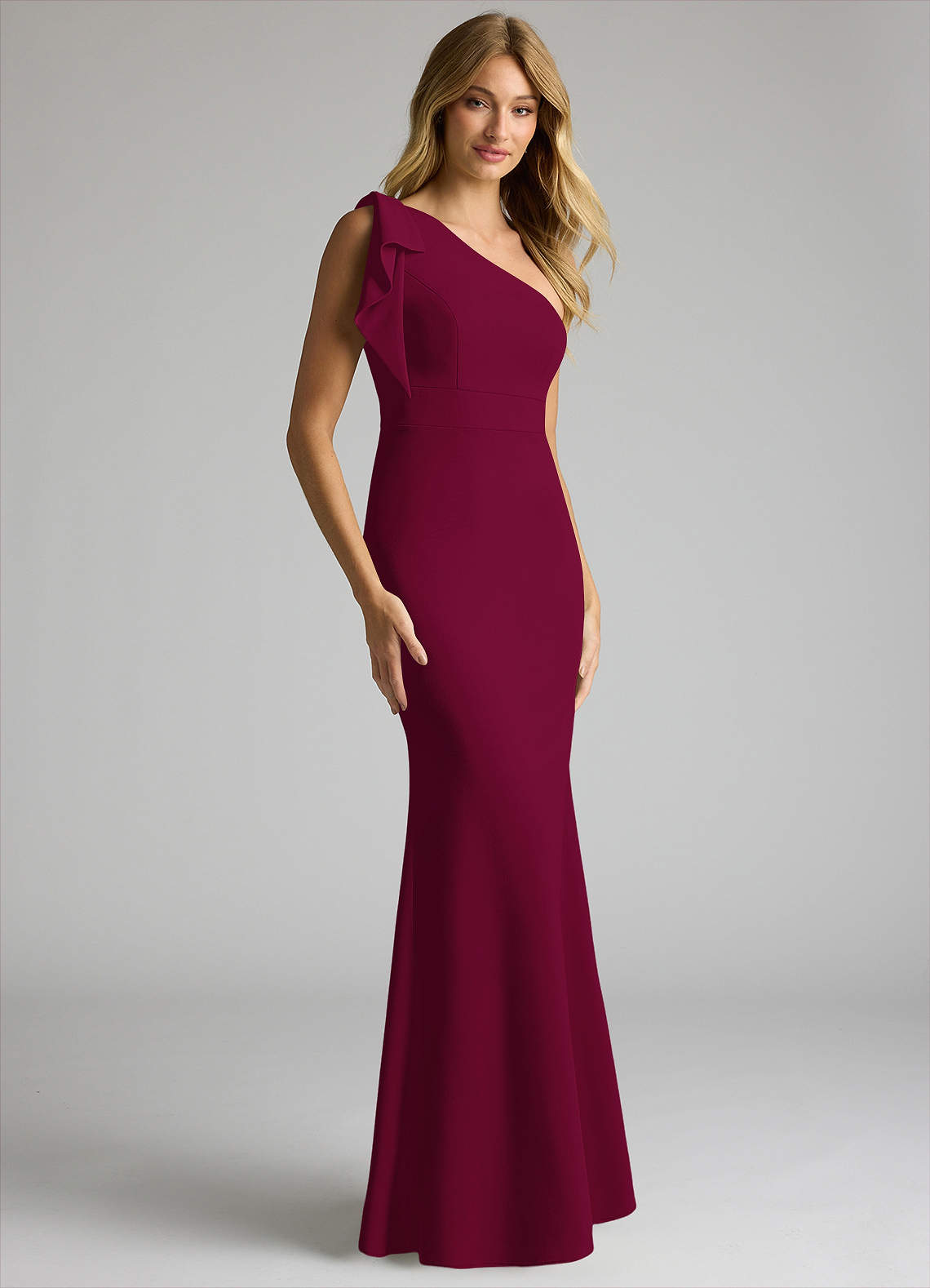 Azazie Rinna Vestidos de damas de honor Vestido de Borgoña de Crepé elástico de Corte Sirena con Hombro unilateral image1