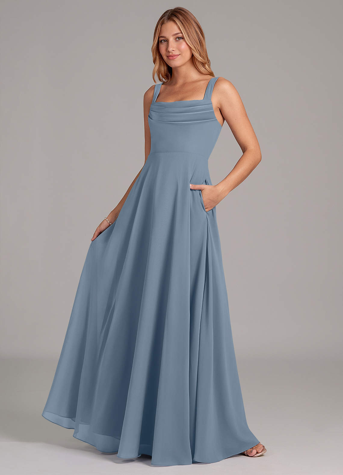 Azazie Shaude Bridesmaid Dresses Dusty Blue A-Line Pleated Chiffon Dress image3