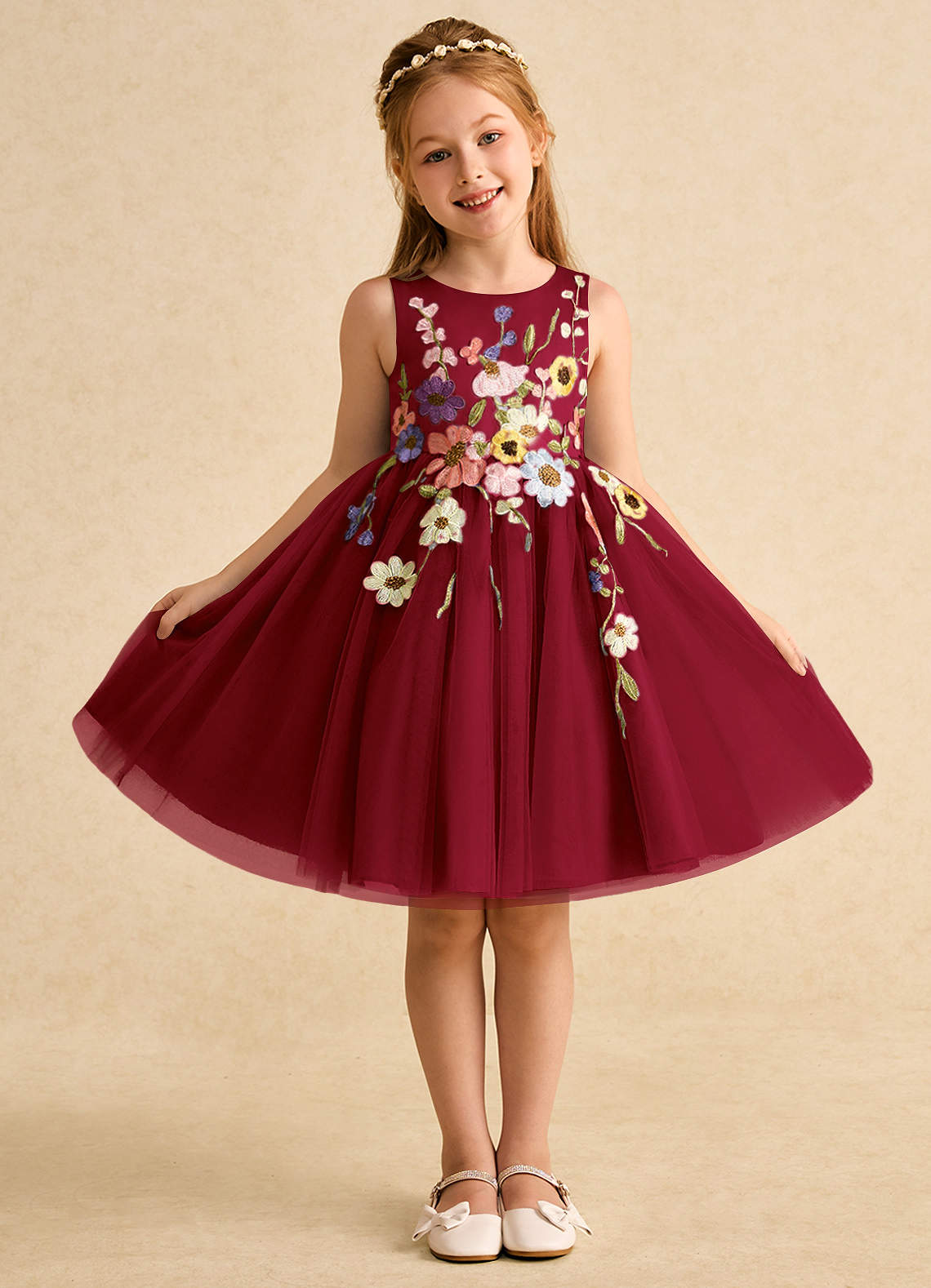 Azazie Prima Flower Girl Dresses Burgundy A-Line Bow Tulle Dress image1