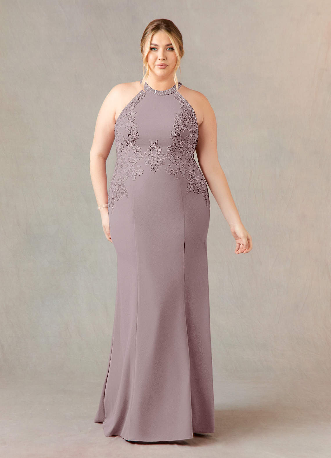 Azazie Tyra Mother of the Bride Dresses Vintage Mauve Mermaid Halter Lace Stretch Crepe Dress image6