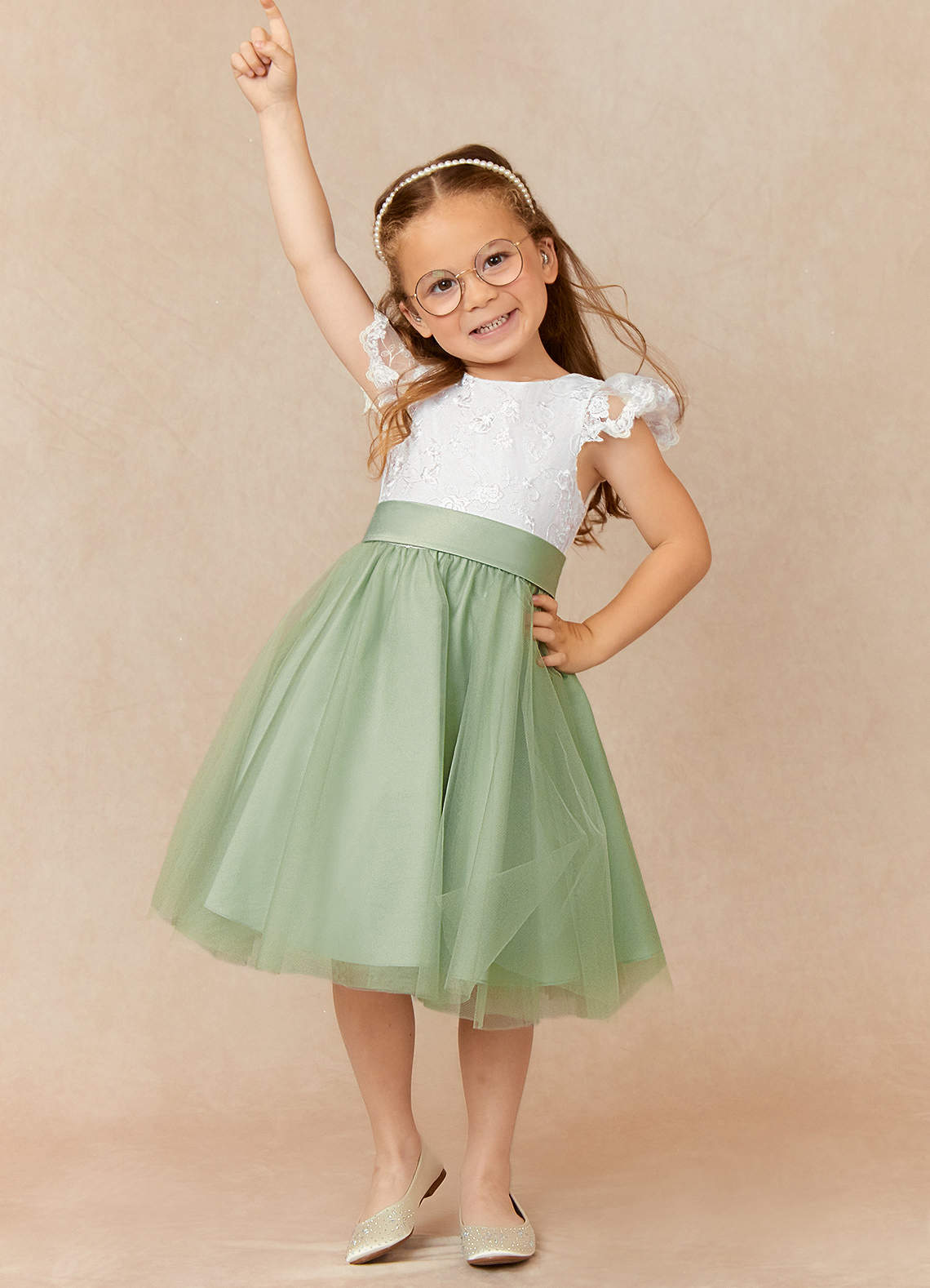 Azazie Vetty Flower Girl Dresses Ivory Dusty Sage A-Line Lace Tulle Dress image1