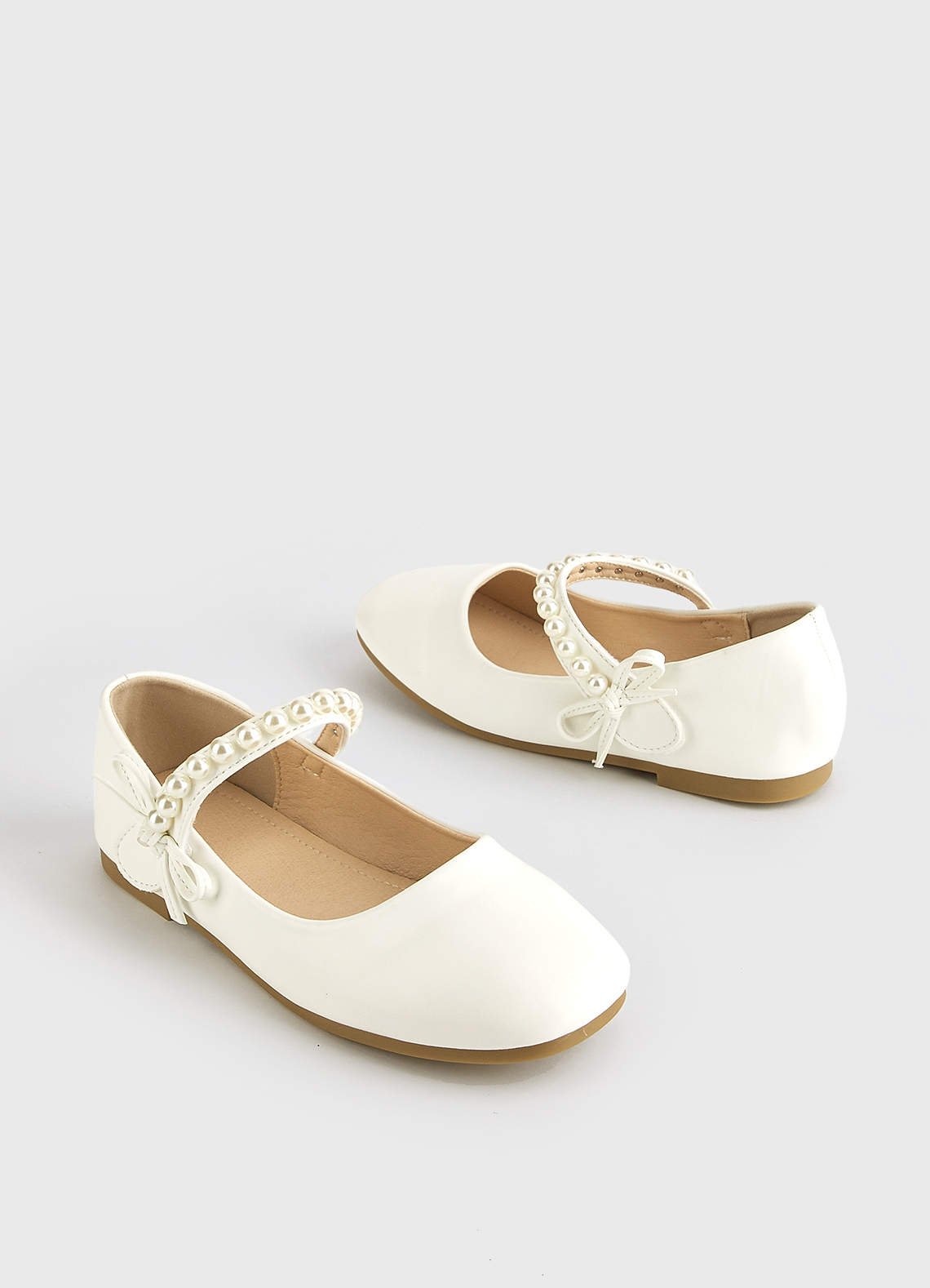 front Pearl Strap and Bow Girls Flat Shoes