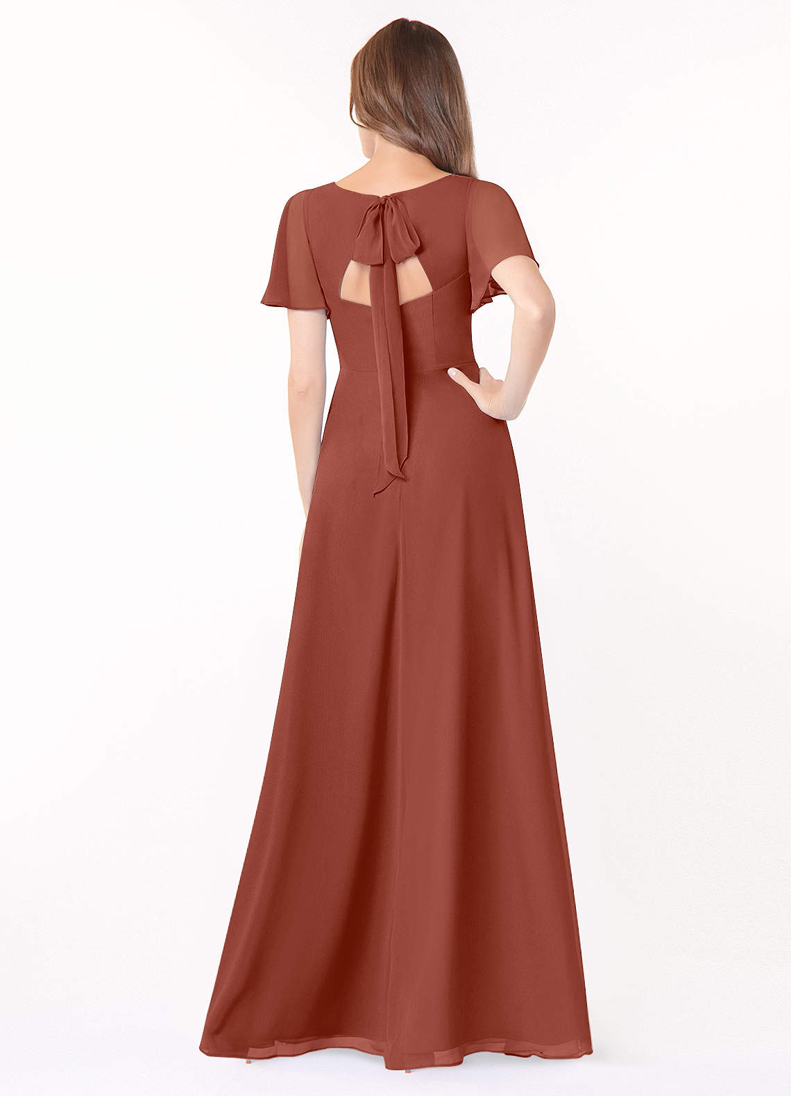 Azazie Kimber Bridesmaid Dresses Auburn A-Line Flounce Sleeve Chiffon Dress image1