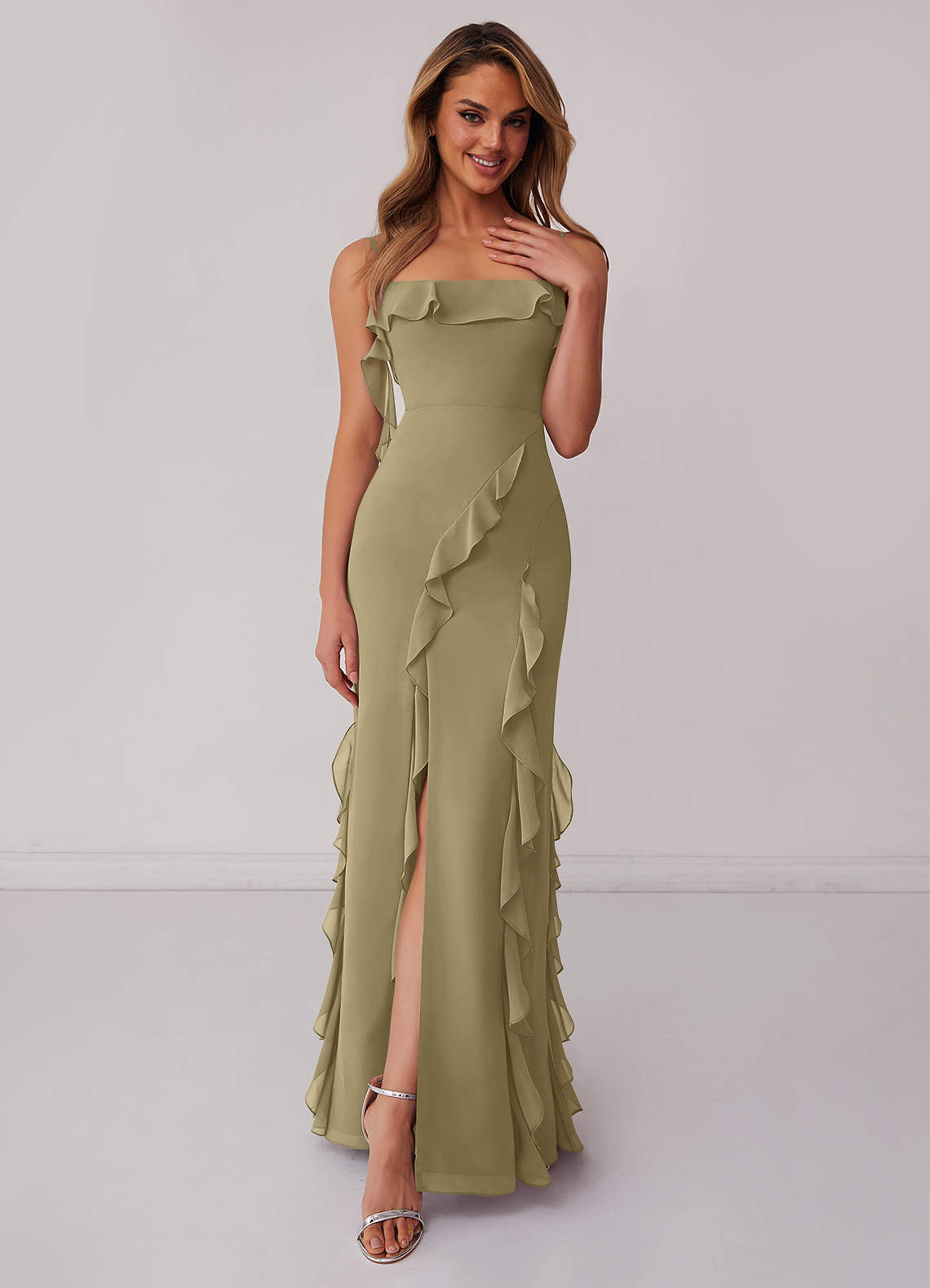 Barbie ♥ Azazie Bridesmaid Dresses Moss Green Sheath Bow Chiffon Dress image1