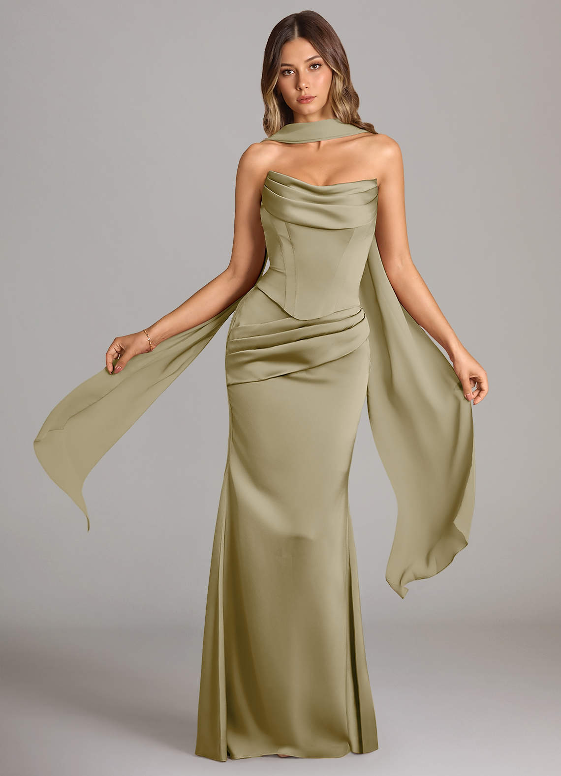 Azazie Sorrel Vestidos de madrinha de casamento Vestir Musgo Verde de Cetim elástico de sereia com Sem alças image1