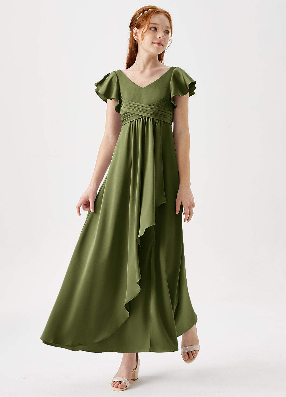 Azazie Omari Junior Olive A-Line Pleated Stretch Satin Dress image1