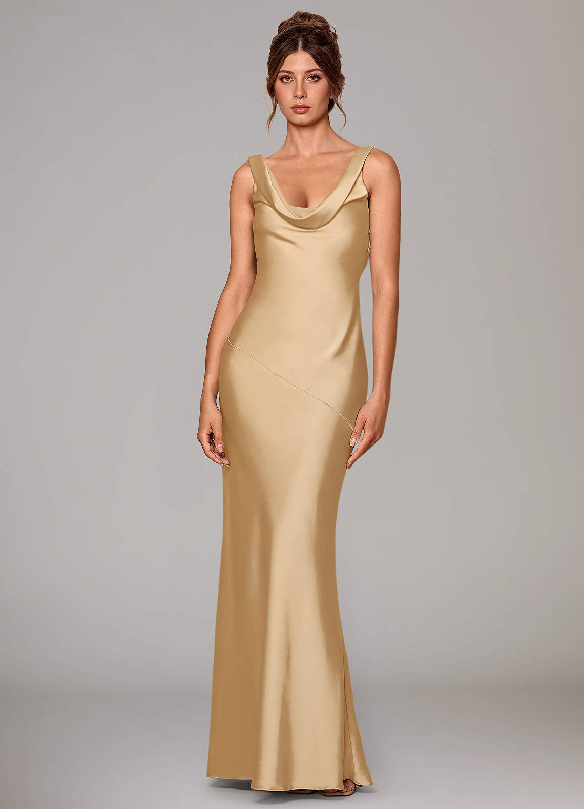 Azazie Rylina Bridesmaid Dresses Gold Mermaid Stretch Satin Dress image1