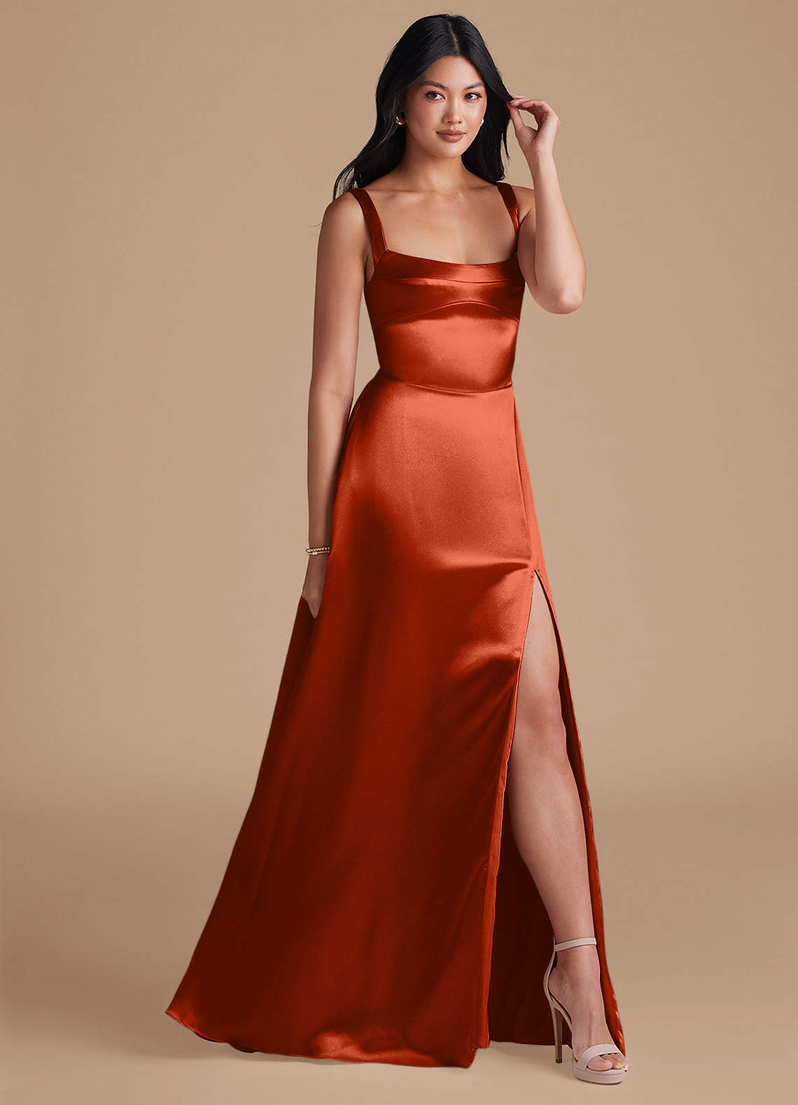 Azazie Hope Bridesmaid Dresses Paprika A-Line with Pockets Metallic Satin Dress image1