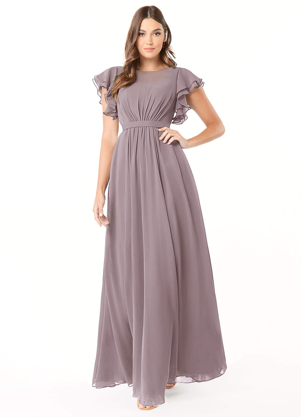 Azazie Daphne Bescheidene Brautjungfernkleider A-Linie Gekräuselt Chiffon Bodenlänge Kleid image1