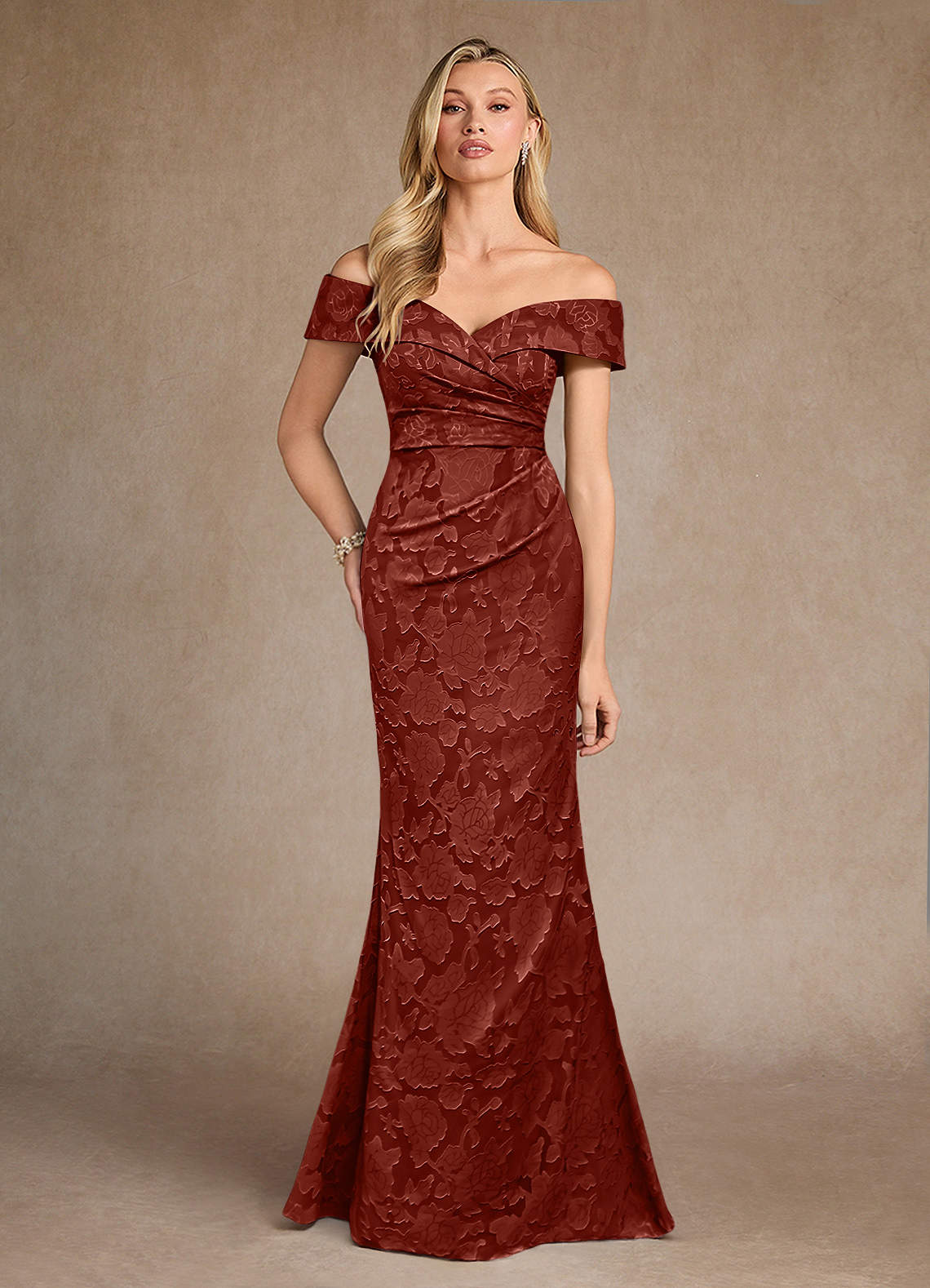 Azazie Canton Mother of the Bride Dresses Terracotta Mermaid Off the Shoulder Floral Burnout Dress image1