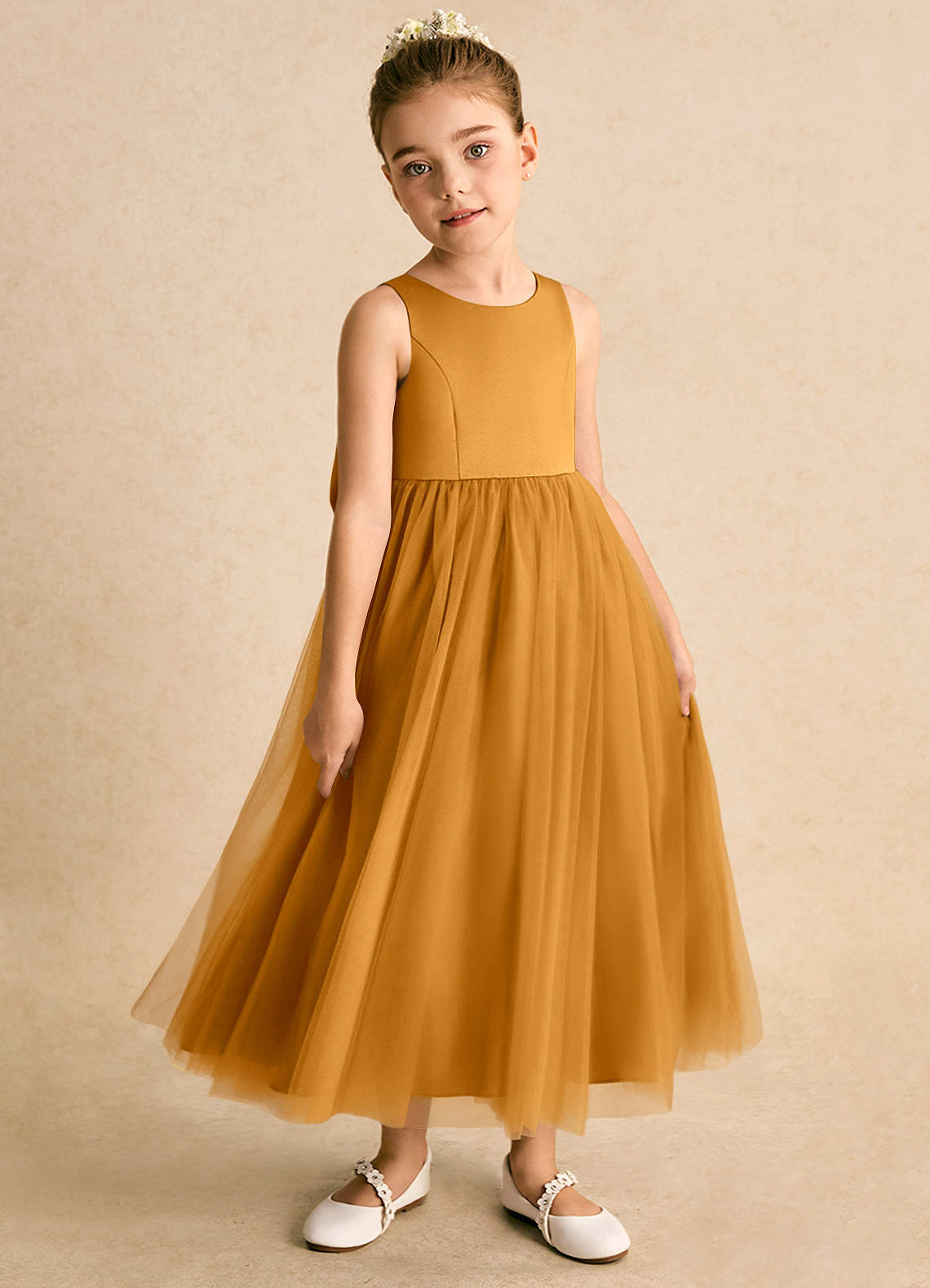 Azazie Solia Robe Demoiselle D'honneur Fillette Robe Princesse en Tulle Arc Caramel écossais image3