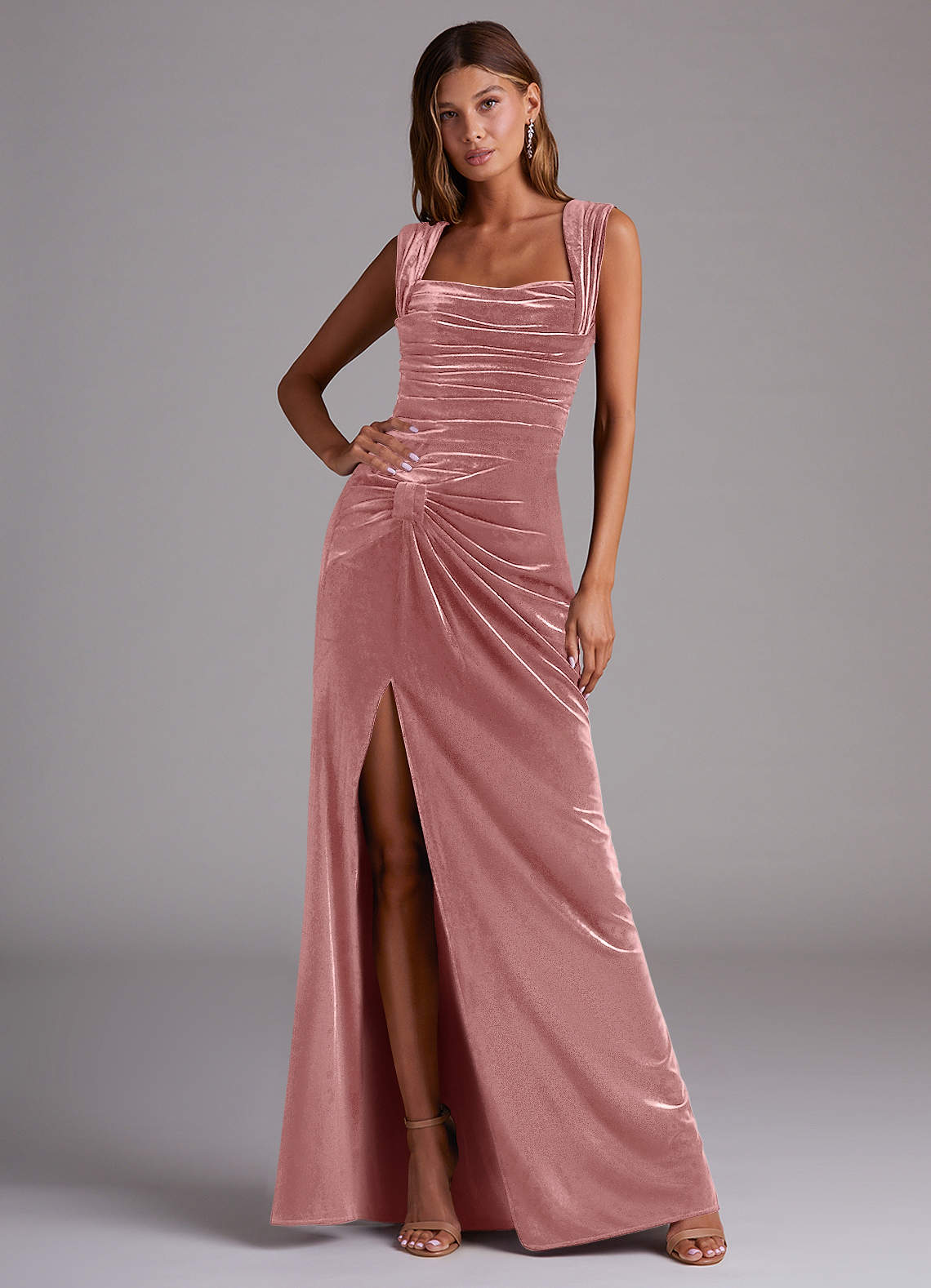 Azazie Genesis Bridesmaid Dresses Dusty Rose Sheath Pleated Velvet Dress image1