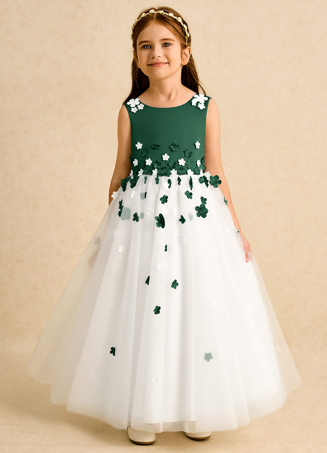 Azazie Eleni Blumenmädchenkleider Ballkleid Schleifen Tüll Kleid Elfenbein Dunkelgrün image1