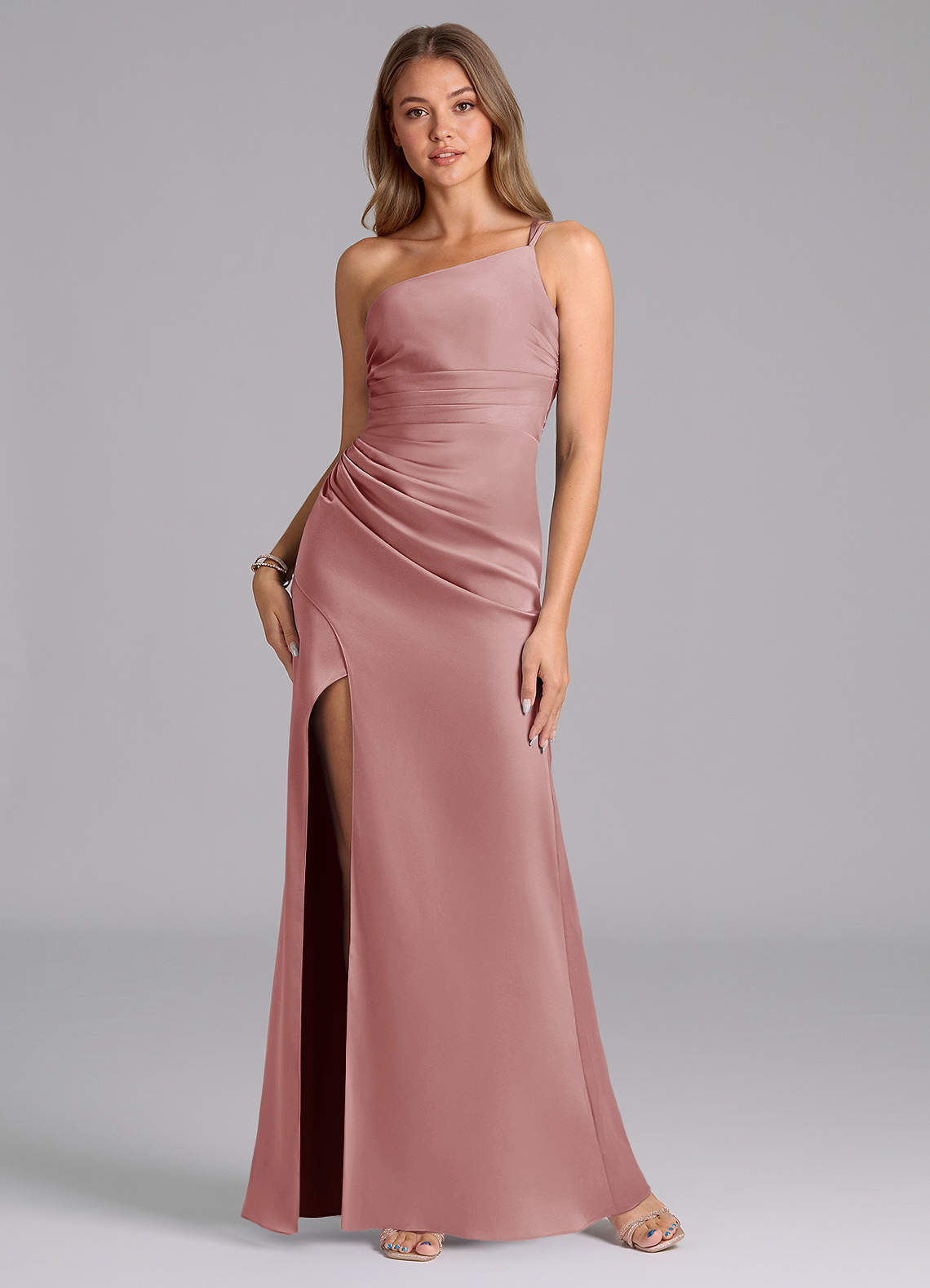 Azazie Eren Bridesmaid Dresses Dusty Rose Mermaid One Shoulder Stretch Satin Dress image1