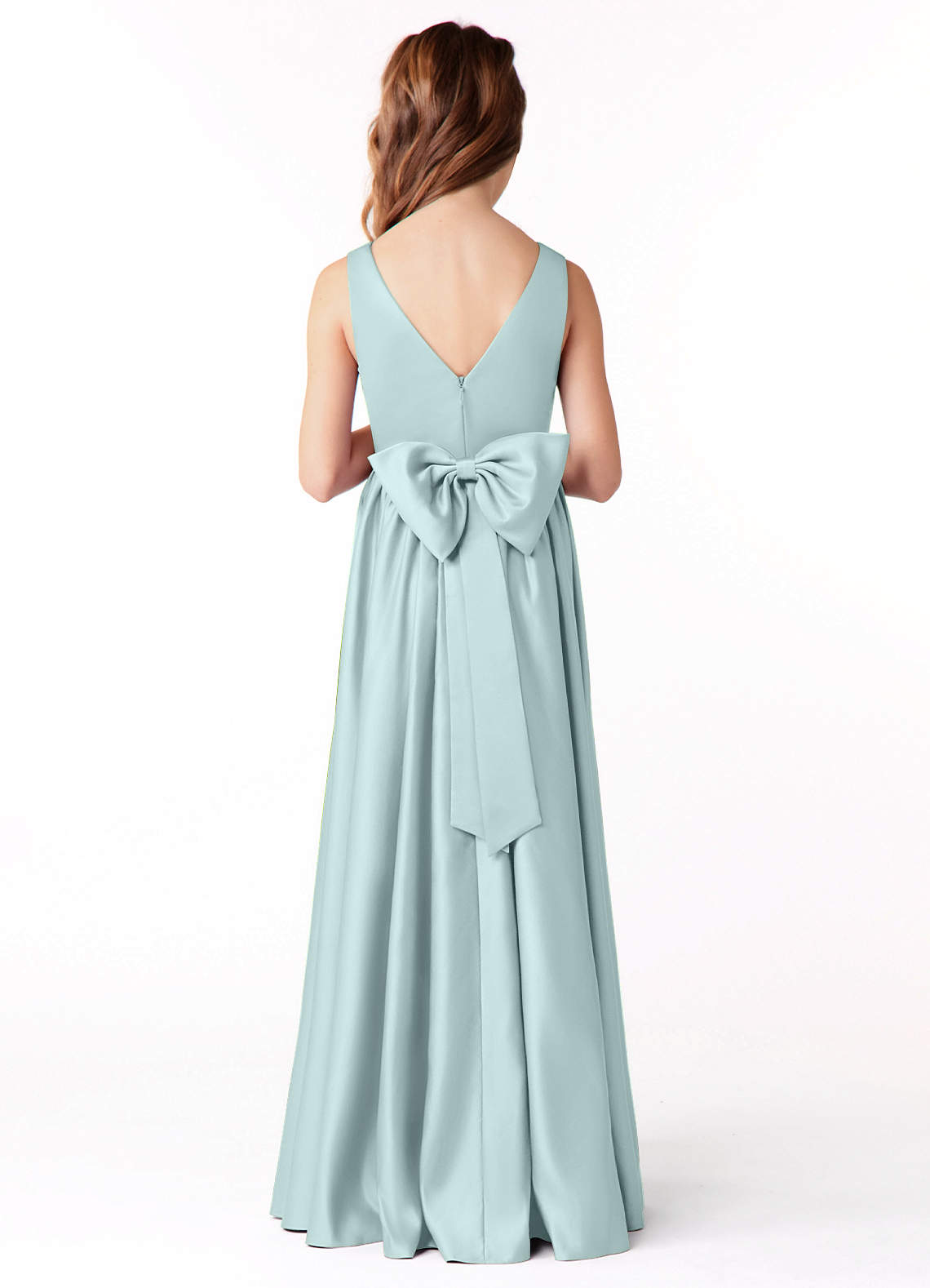 Azazie Hathaway Junior Mist A-Line Bow Stretch Satin Dress image1
