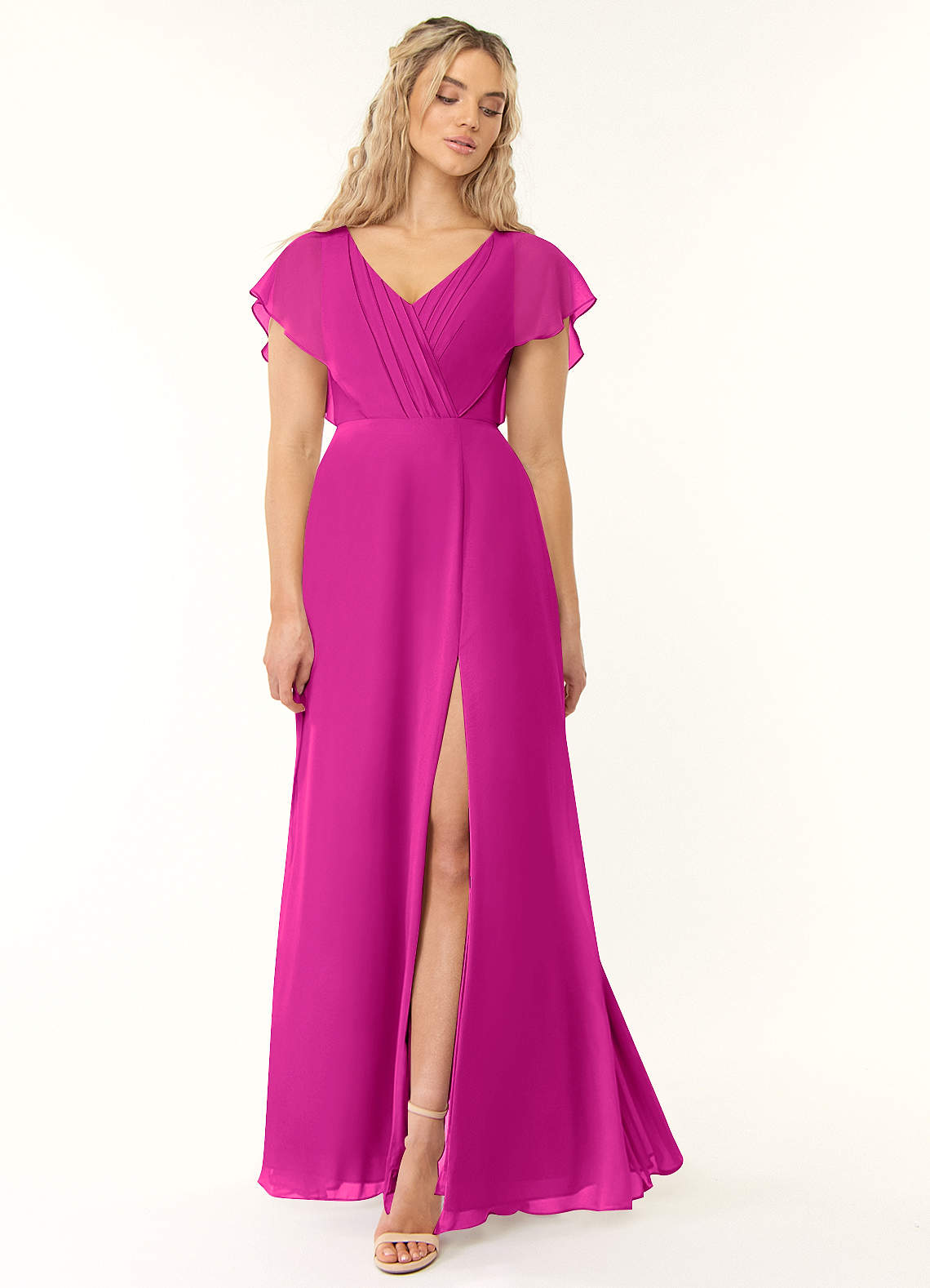 Azazie Rylee Jurken voor bruidsmeisjes Jurk van Chiffon met A-Lijn Geplooid Fuchsia image1