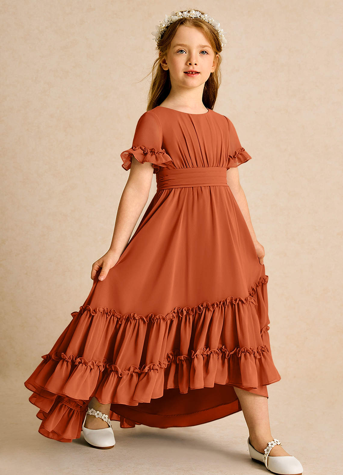 Azazie Kass Flower Girl Dresses Burnt Orange A-Line Pleated Chiffon Dress image1
