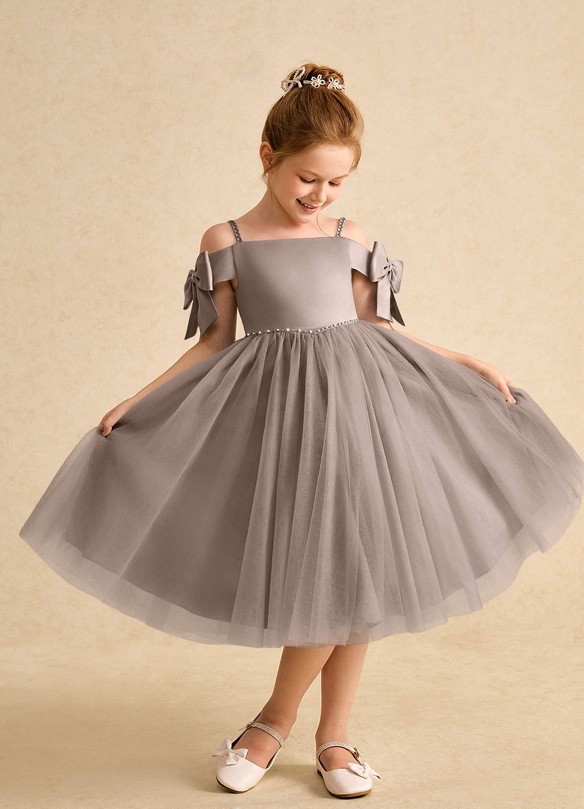 Azazie Amie Flower Girl Dresses Taupe A-Line Off the Shoulder Matte Satin Dress image1