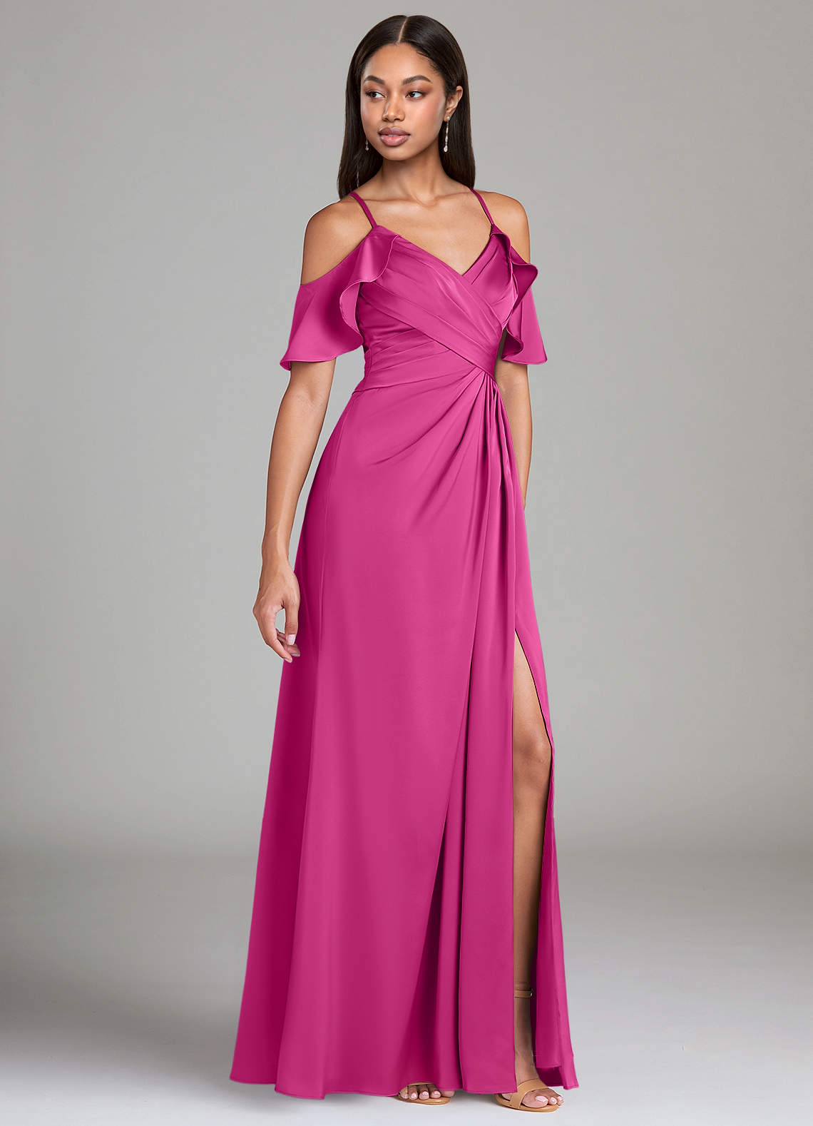 Azazie Dakota Bridesmaid Dresses Fuchsia A-Line Off the Shoulder Stretch Satin Dress image1