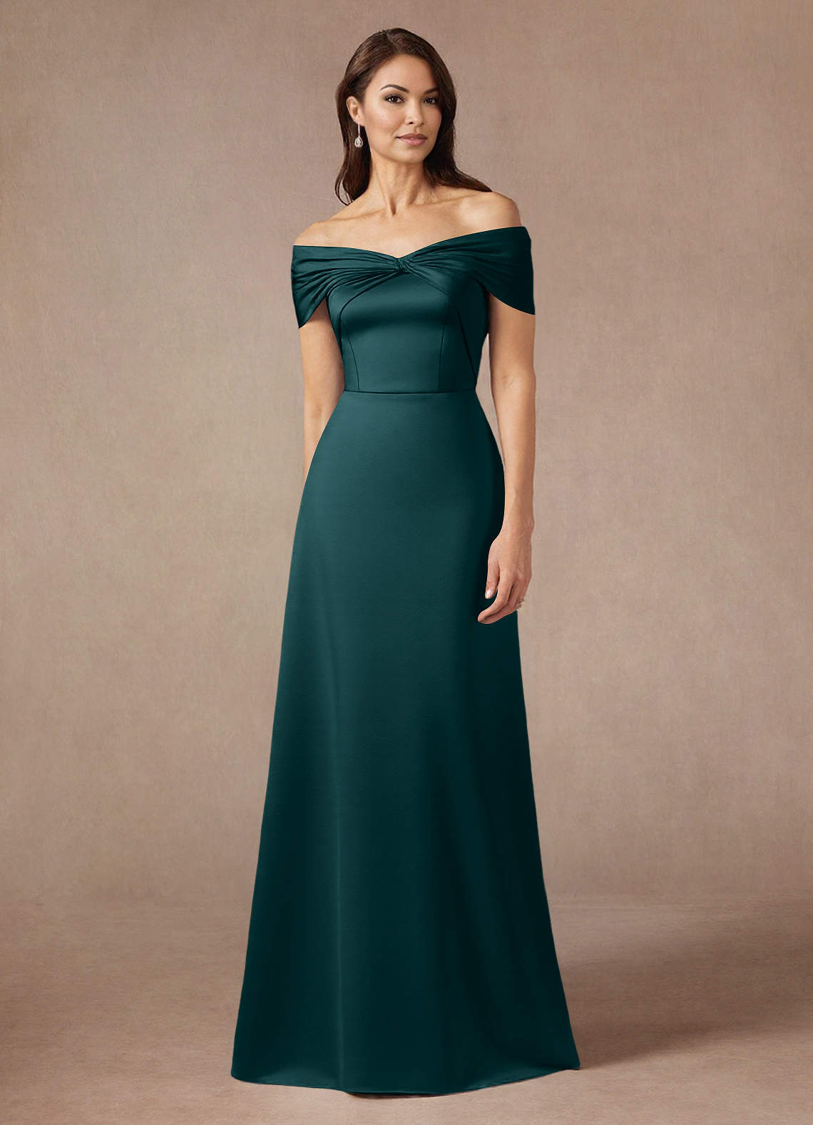 Azazie Amelia Mother of the Bride Dresses Pine A-Line Off the Shoulder Stretch Satin Dress image1