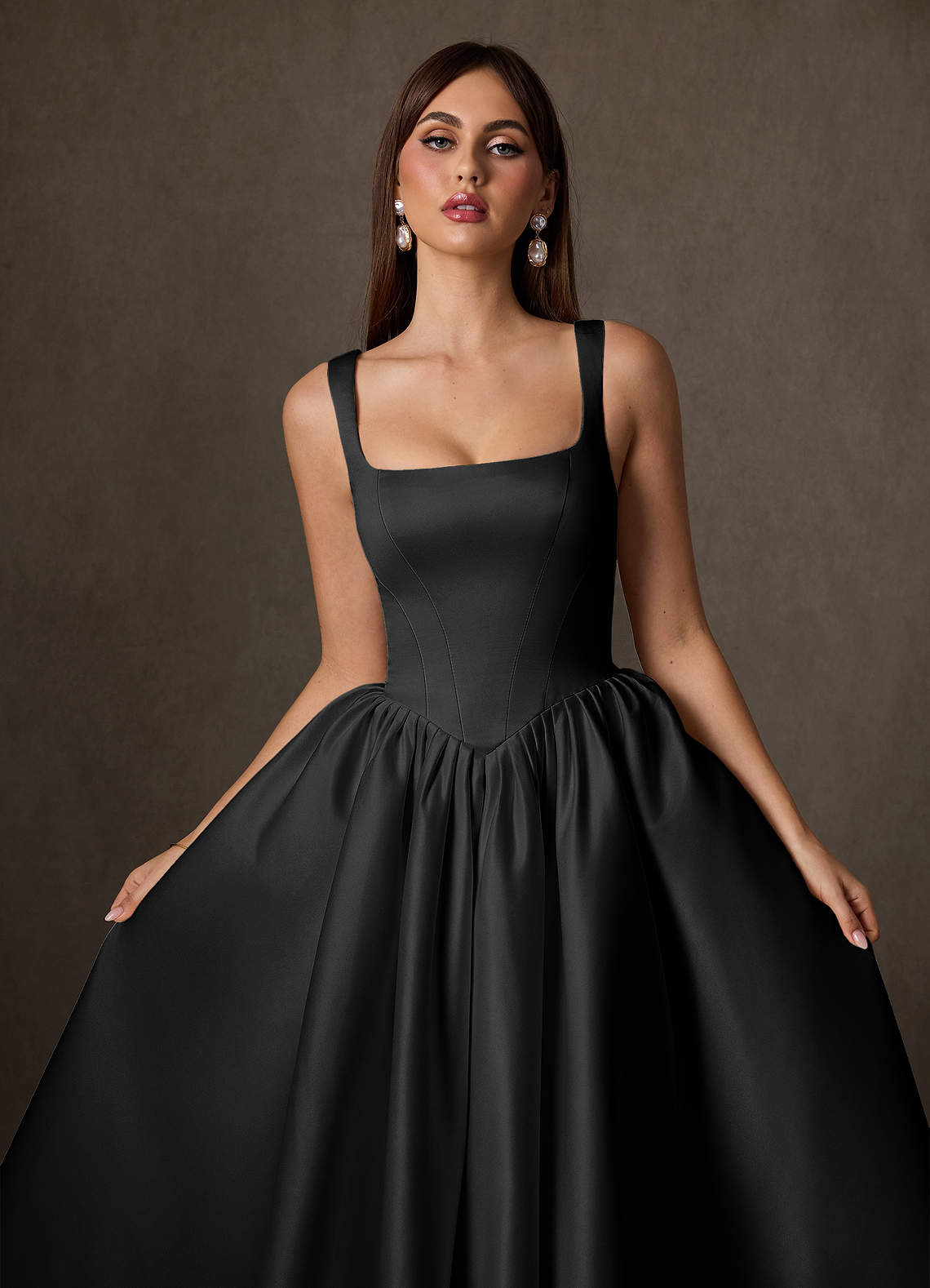 Azazie Verina Wedding Dresses Black A-Line with Pockets Satin Dress image4