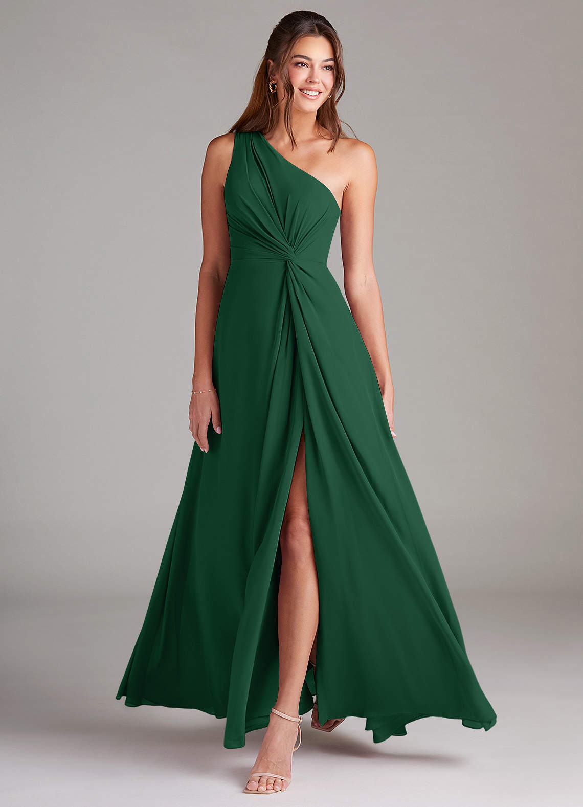 Azazie Brooke Bridesmaid Dresses Dark Green A-Line One Shoulder Chiffon Dress image2