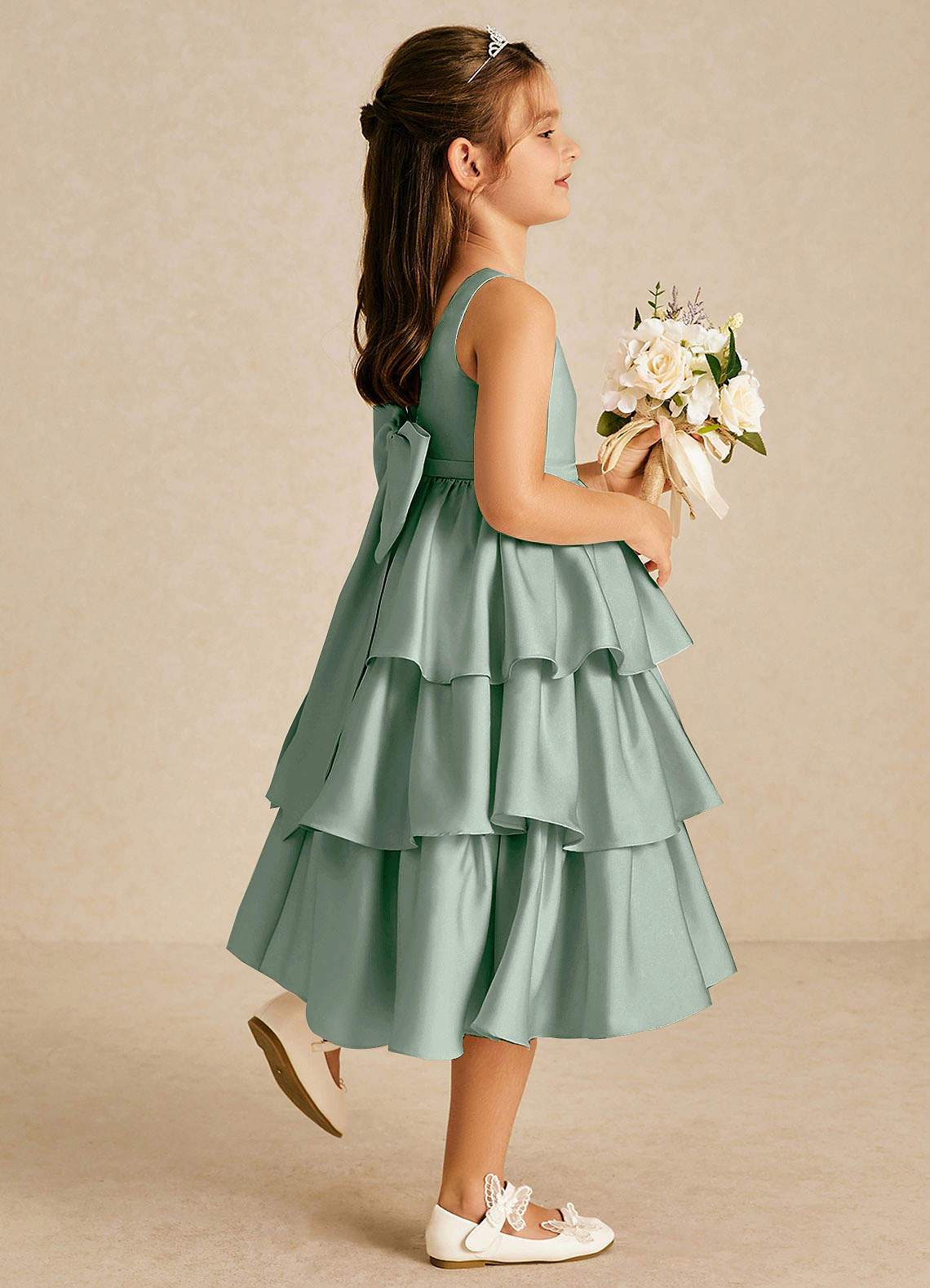 Azazie Margery Flower Girl Dresses Agave A-Line Bow Stretch Satin Dress image4