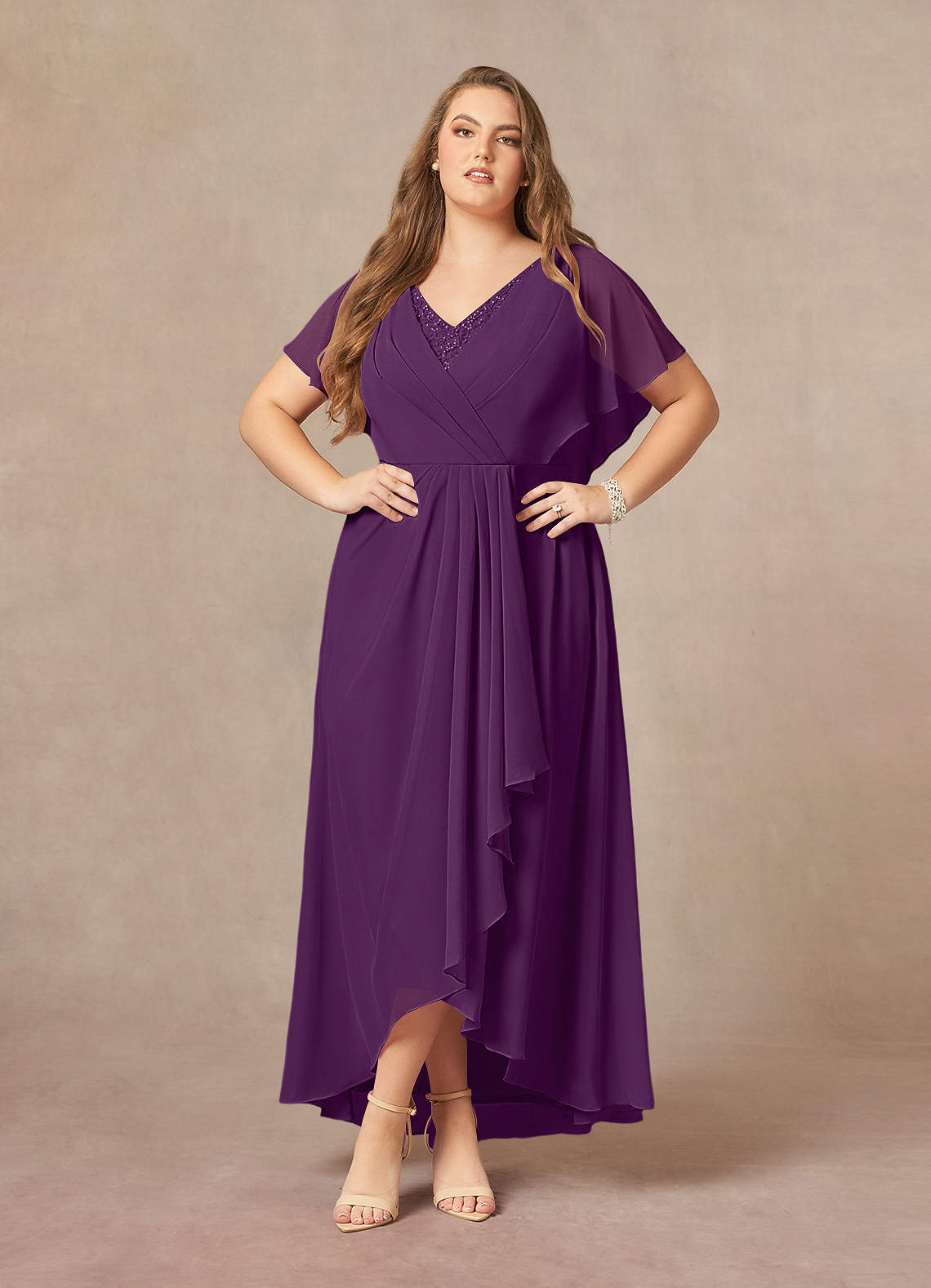 Azazie Eliza Mother of the Bride Dresses Grape A-Line V-Neck Pleated Chiffon Dress image1