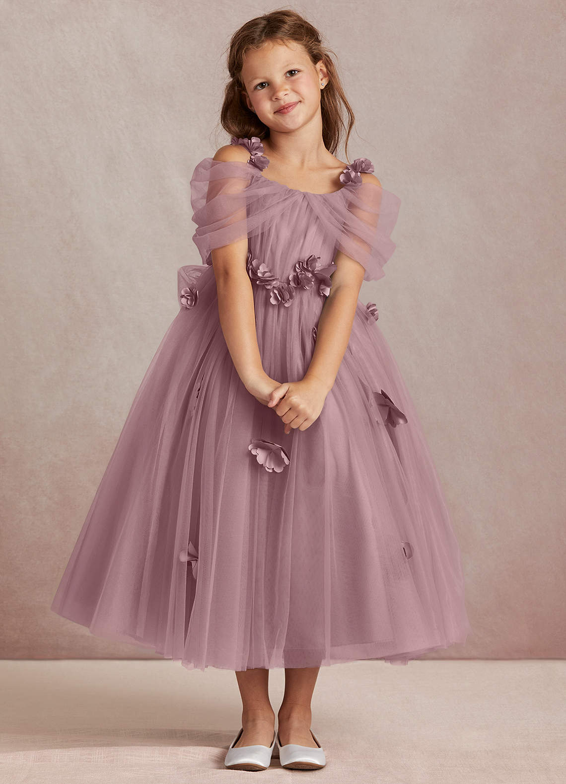 Azazie A Line Off the Shoulder Ankle Length Tulle Flower Girl Dresses Dusty Rose