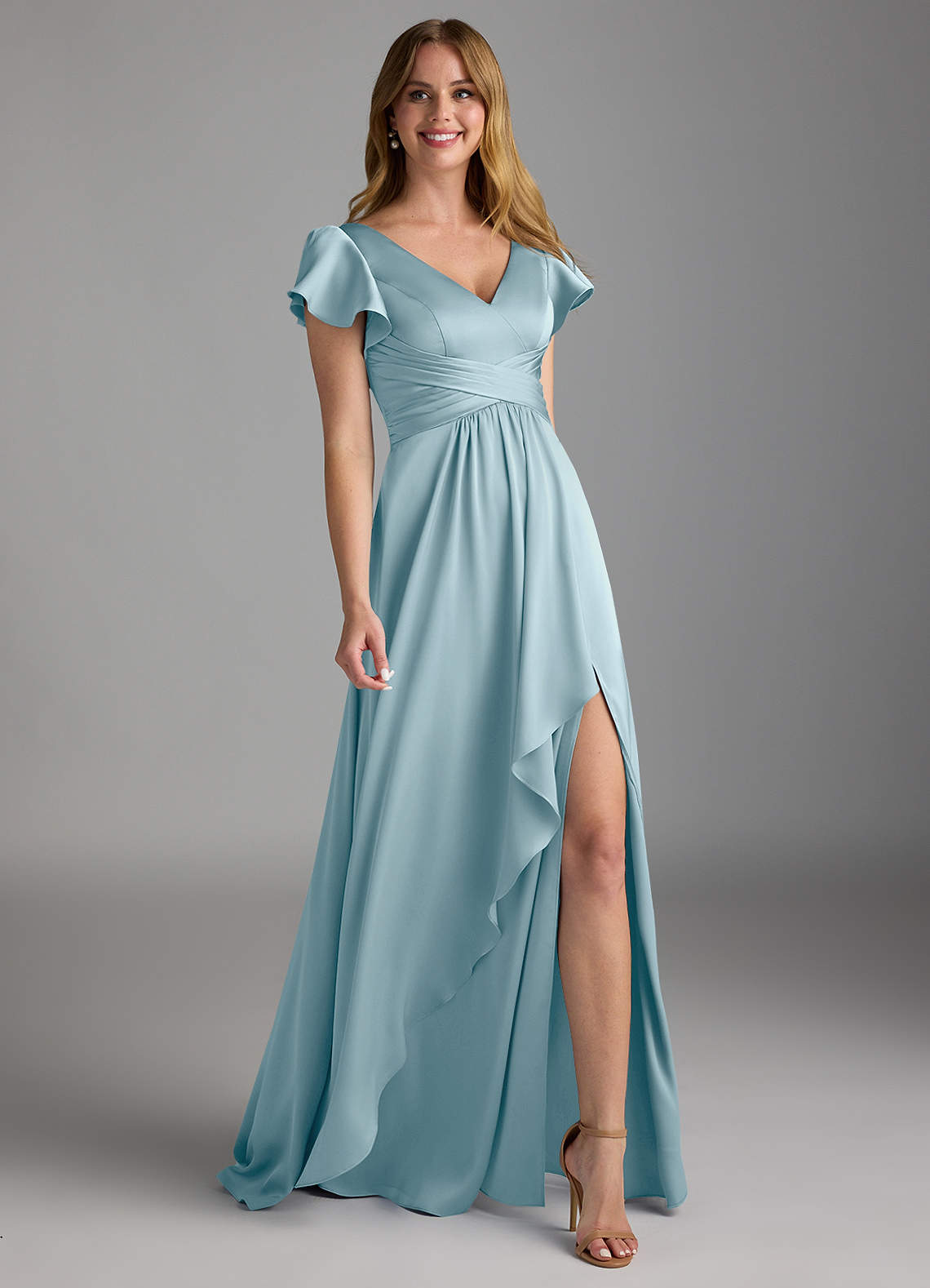 Azazie Omari Brautjungfernkleider A-Linie Stretch-Satin Kleid Stimmungsvolles Blau image1