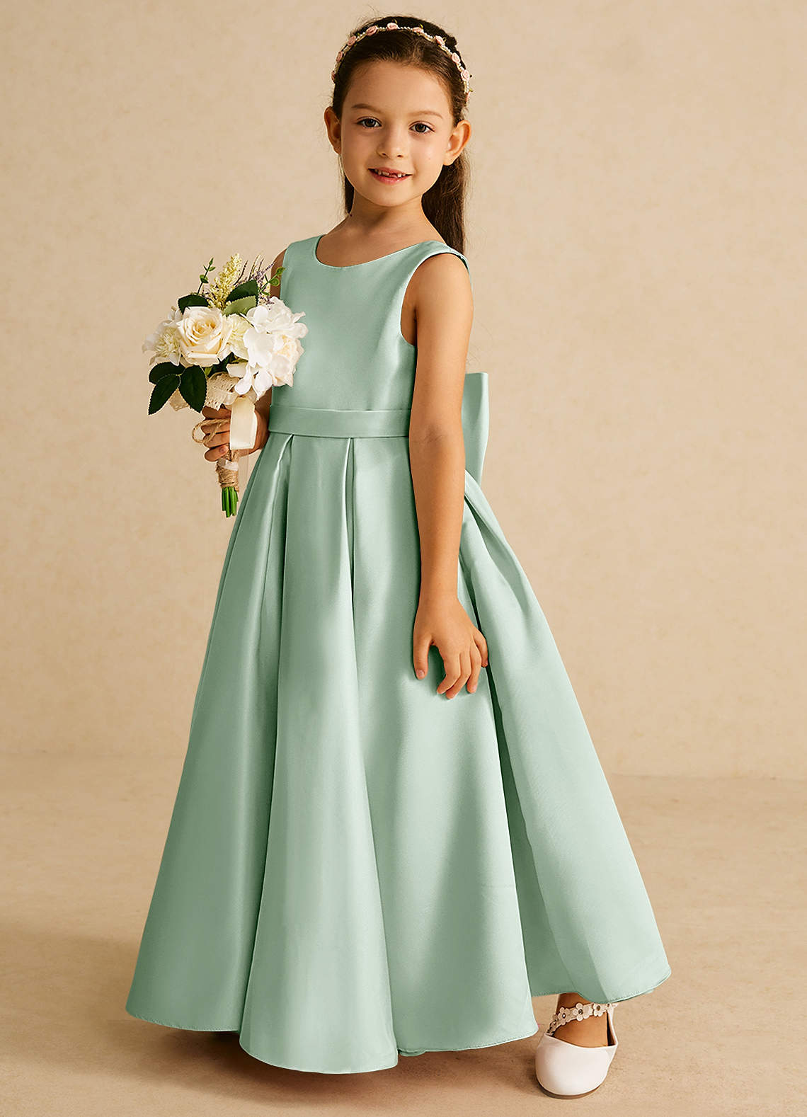 Azazie Pipsy Flower Girl Dresses Agave A-Line Bow Matte Satin Dress image1