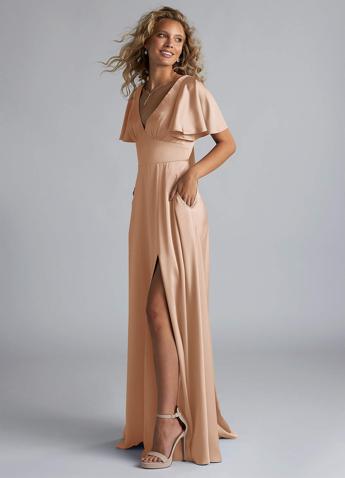 Azazie Kimber Bridesmaid Dresses English Rose A-Line Ruched Stretch Satin Dress image5