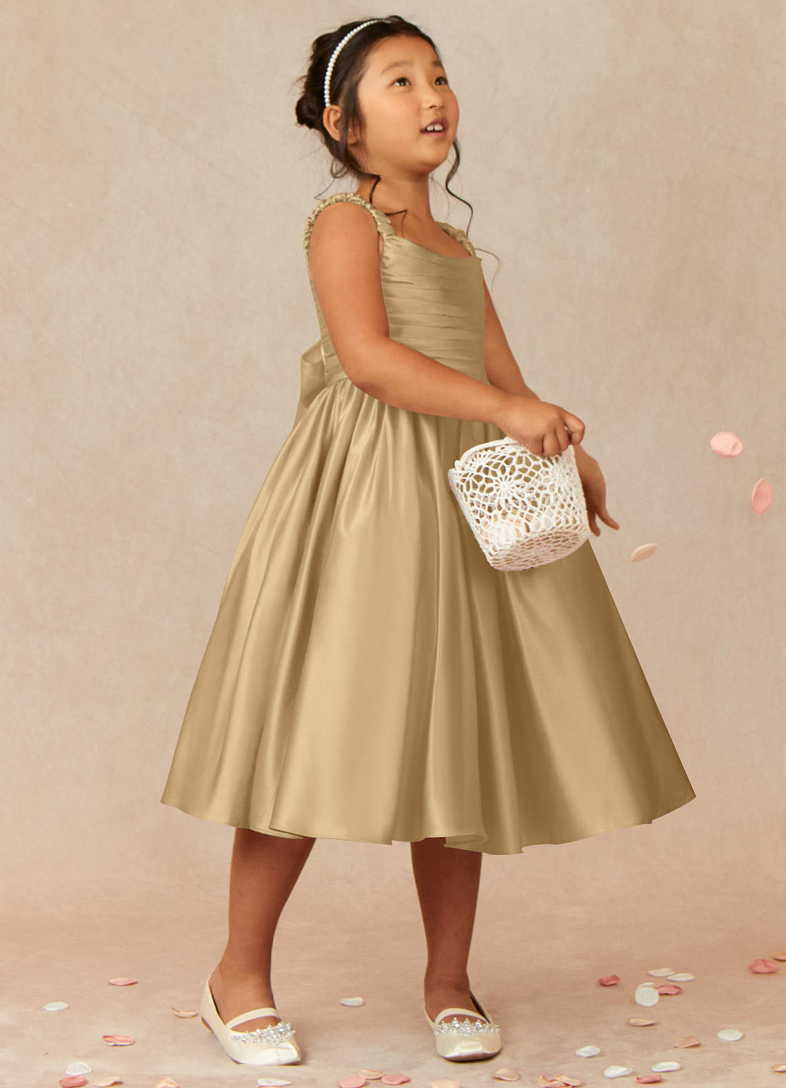 Azazie Cutie Pie vestidos de niña de las flores Vestido de Oro de Satin Mate de Corte En A con Plisado image1