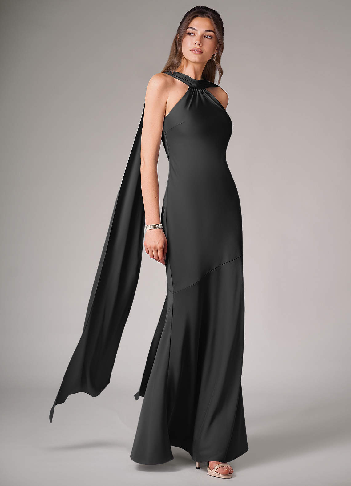 Azazie Kinsley Bridesmaid Dresses Black Mermaid Side Slit Stretch Satin Dress image2