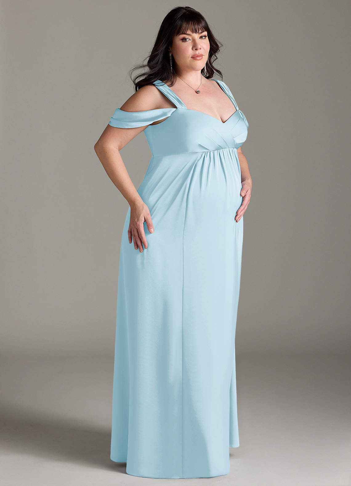 Azazie Rhea Maternity Bridesmaid Dresses A-Line Off-The-Shouler Pleated Stretch Satin Floor-Length Dress image9