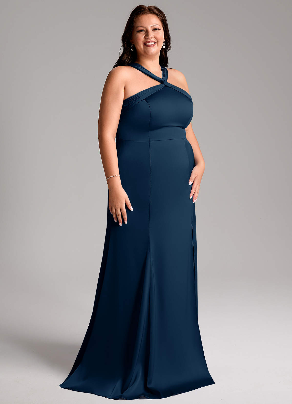 Azazie In-Stock Bridesmaid Dresses Mermaid Halter Neck Floor-Length Stretch Satin - Dark Navy