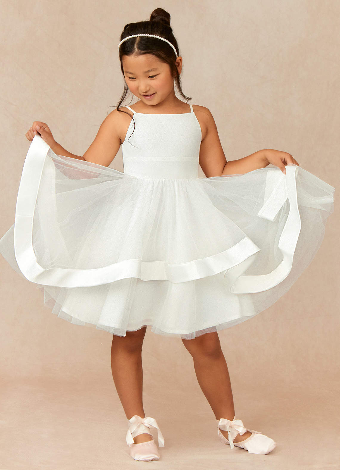Azazie Anya Flower Girl Dresses Diamond White A-Line Spaghetti Strap Tulle Dress image1